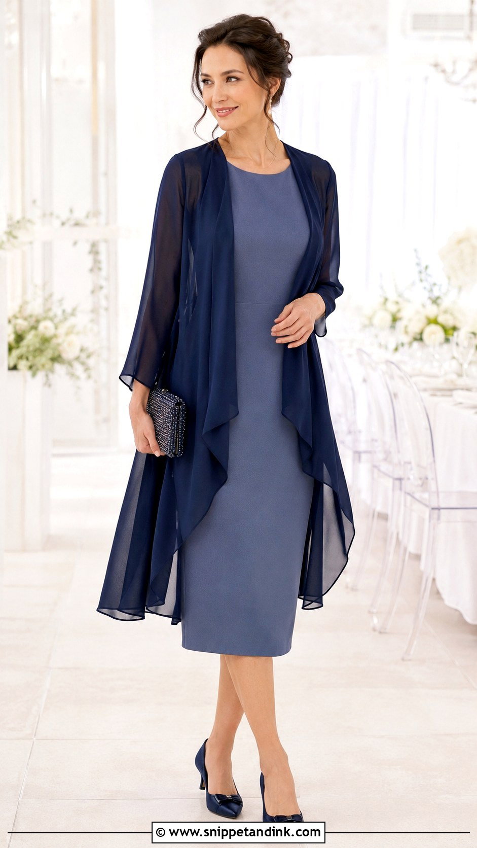 Chiffon Jacket With Sleeveless Midi Dress - Snippet and Ink - 20 Jackets to Wear with Dresses to Wedding