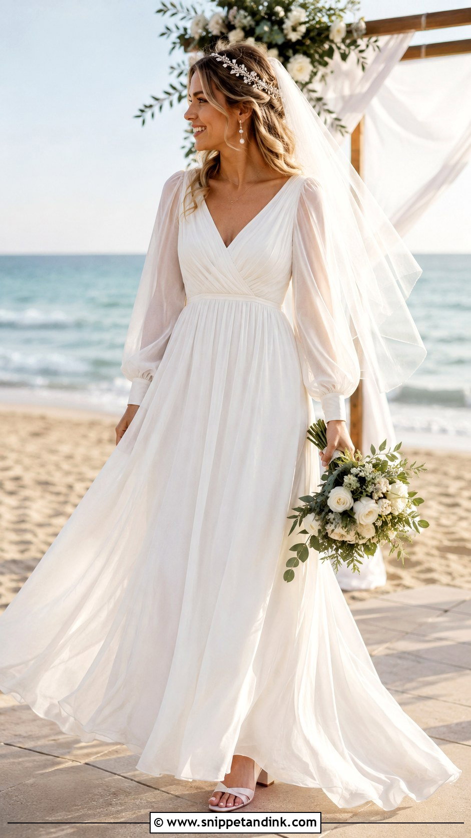Chiffon Long Puff Sleeve Wedding Dress - Snippet and Ink - 20 Long Puff Sleeve Wedding Dress Ideas