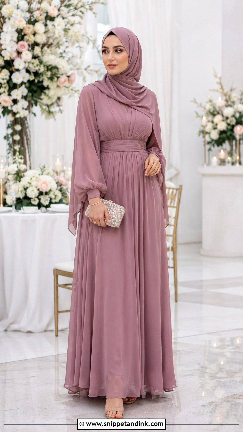 Chiffon Maxi Dress And Matching Hijab Wedding Outfit - Snippet and Ink - 20 Hijab Outfit Wedding Ideas