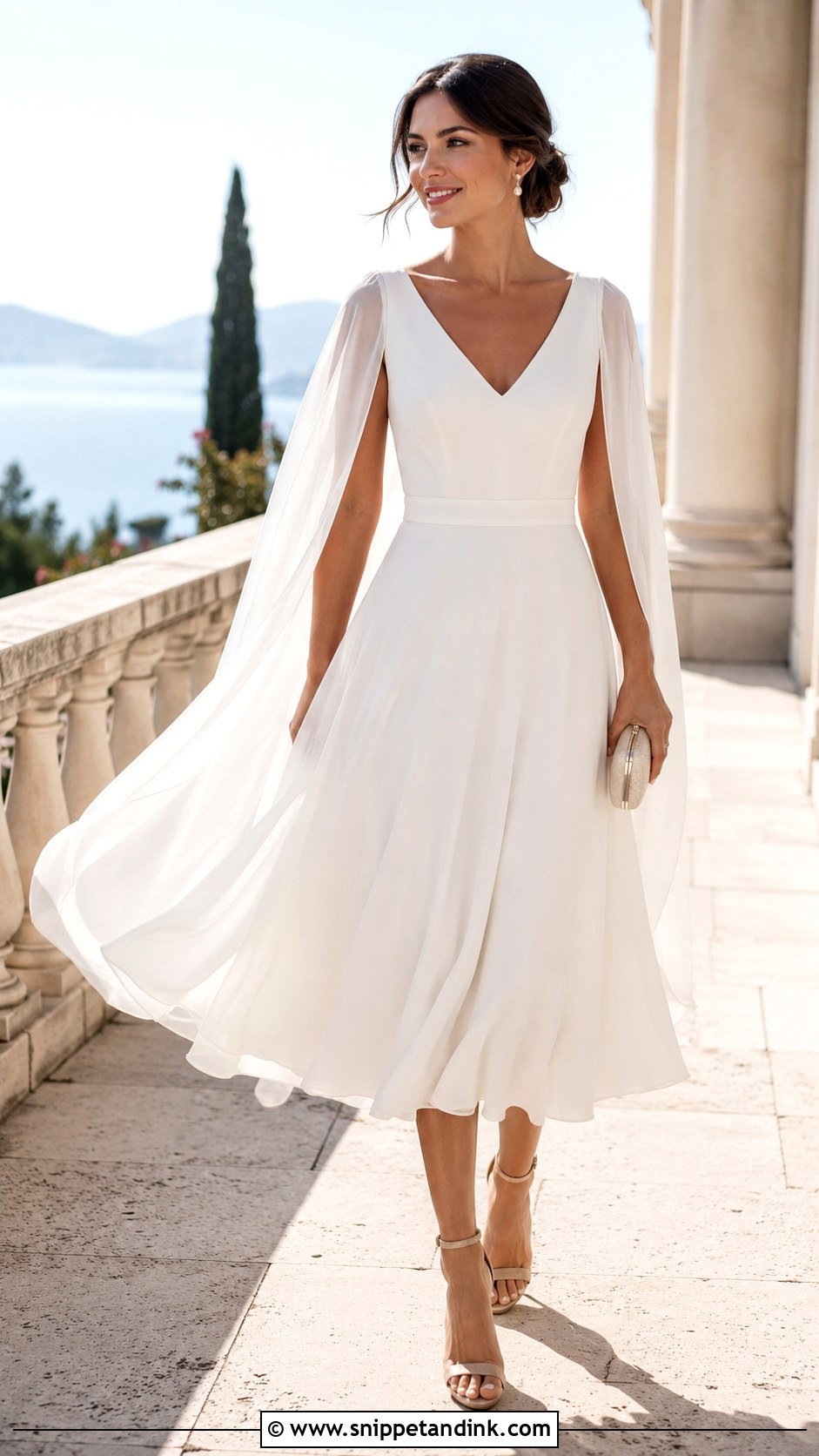 Chiffon Midi Wedding Dress With Cape Sleeves - Snippet and Ink - 20 Midi Wedding Dress with Sleeves