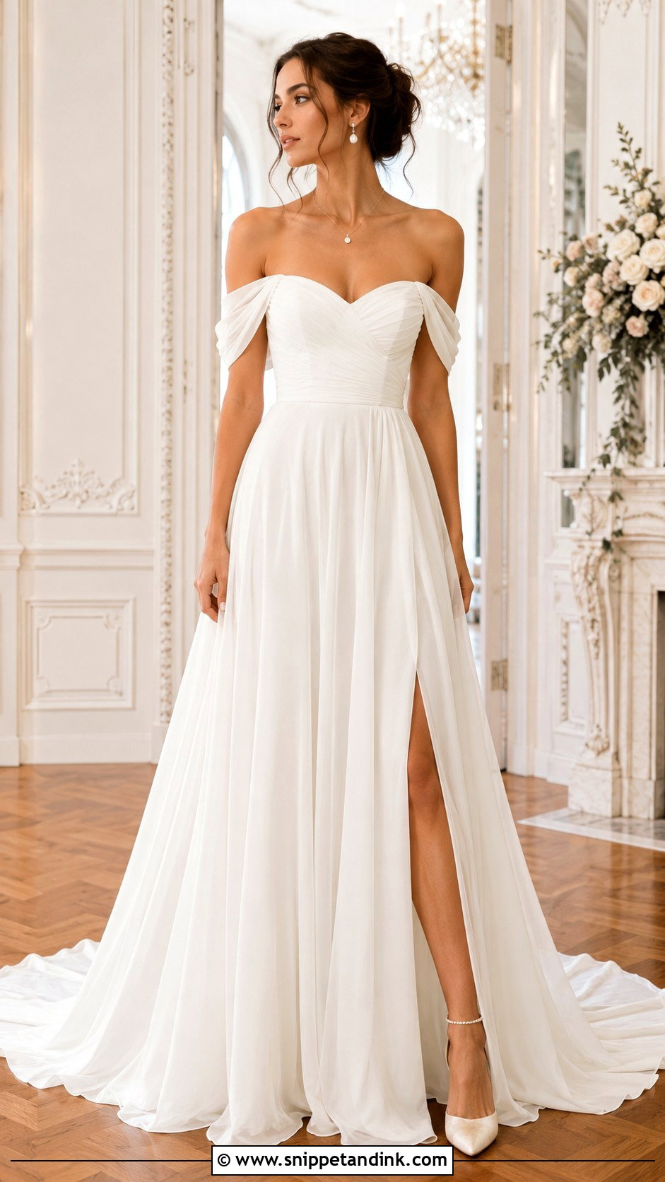 Chiffon Off Shoulder Wedding Dress - Snippet and Ink - 30 Chiffon Wedding Dress Ideas