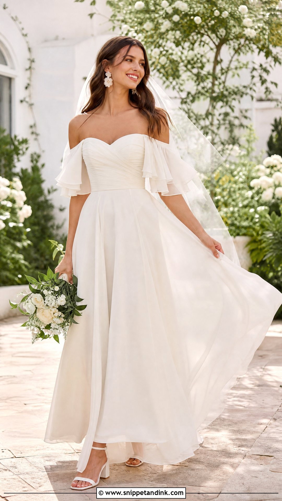 Chiffon Off the Shoulder Flutter Sleeve Wedding Dress - Snippet and Ink - 20 Wedding Dress Off the Shoulder Sleeves