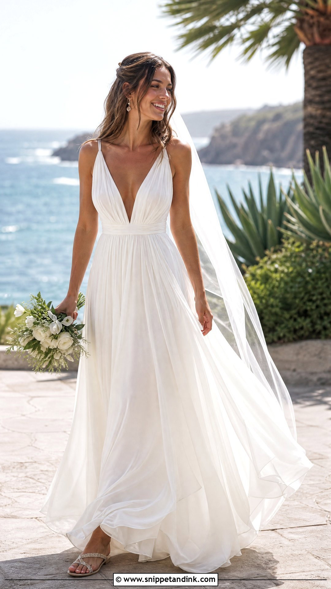 Chiffon Plunge Neck Beach Wedding Dress - Snippet and Ink - 20 Plunge Neck Wedding Dress Ideas