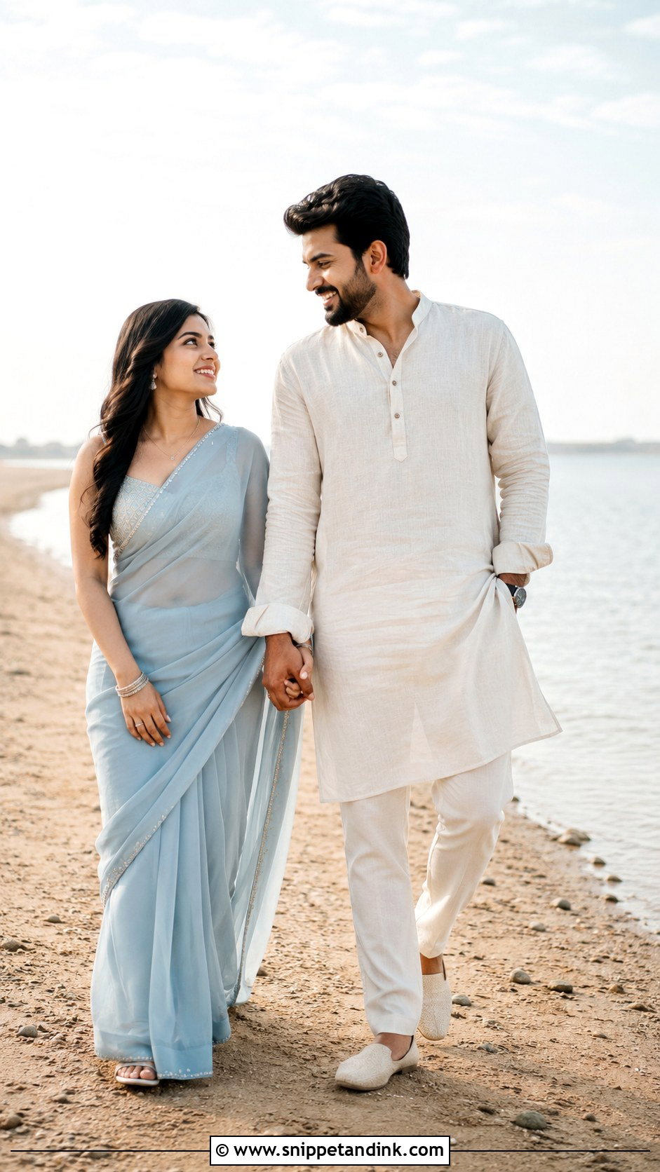 Chiffon Saree And Linen Kurta Outfit - Snippet and Ink - 20 Beach Pre Wedding Shoot Outfit Ideas