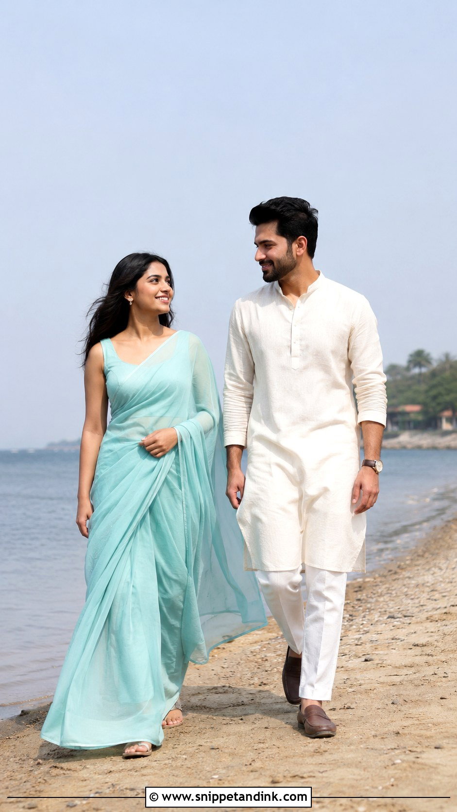 Chiffon Saree And Linen Kurta Pre Wedding Shoot Outfit - Snippet and Ink - 20 Indian Pre Wedding Shoot Outfit Ideas