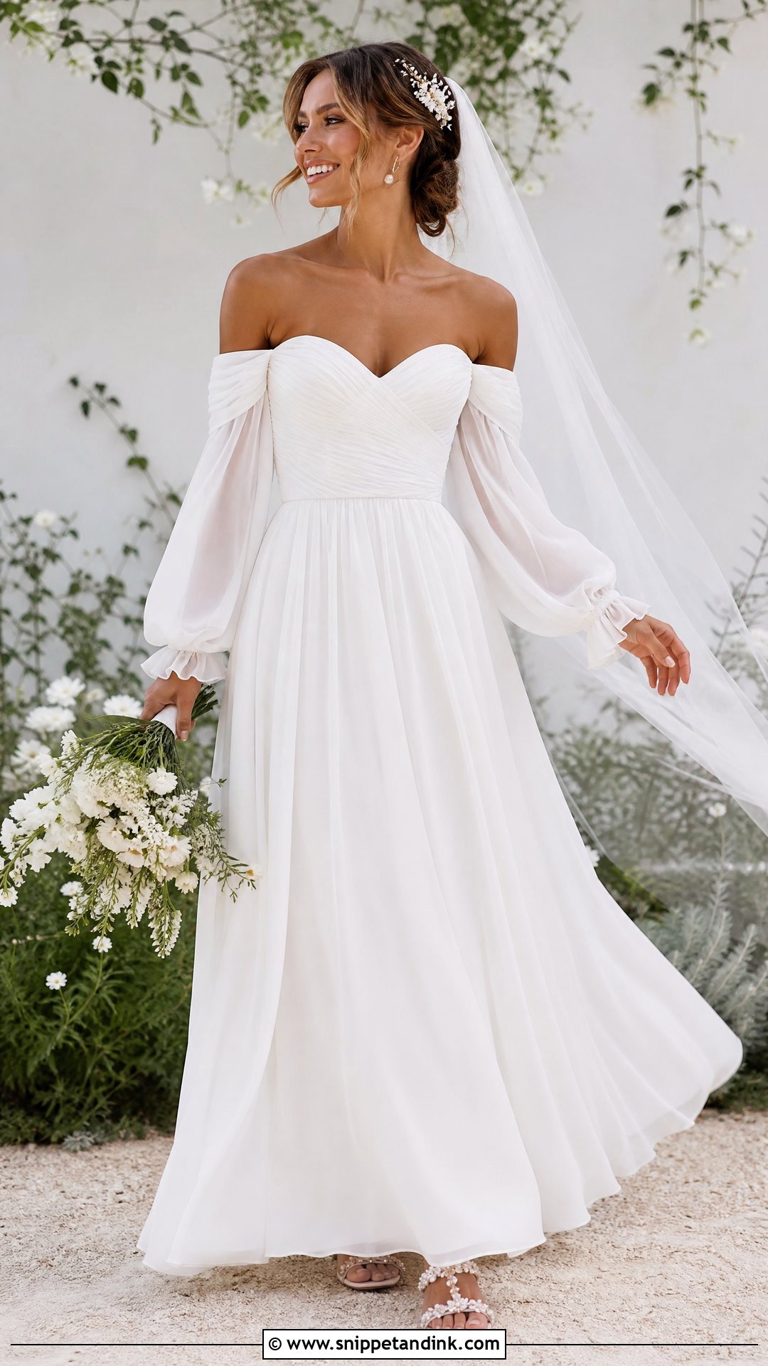 Chiffon Wedding Dress With Billowy Off Shoulder Sleeves - Snippet and Ink - 20 Wedding Dress Off Shoulder Sleeves