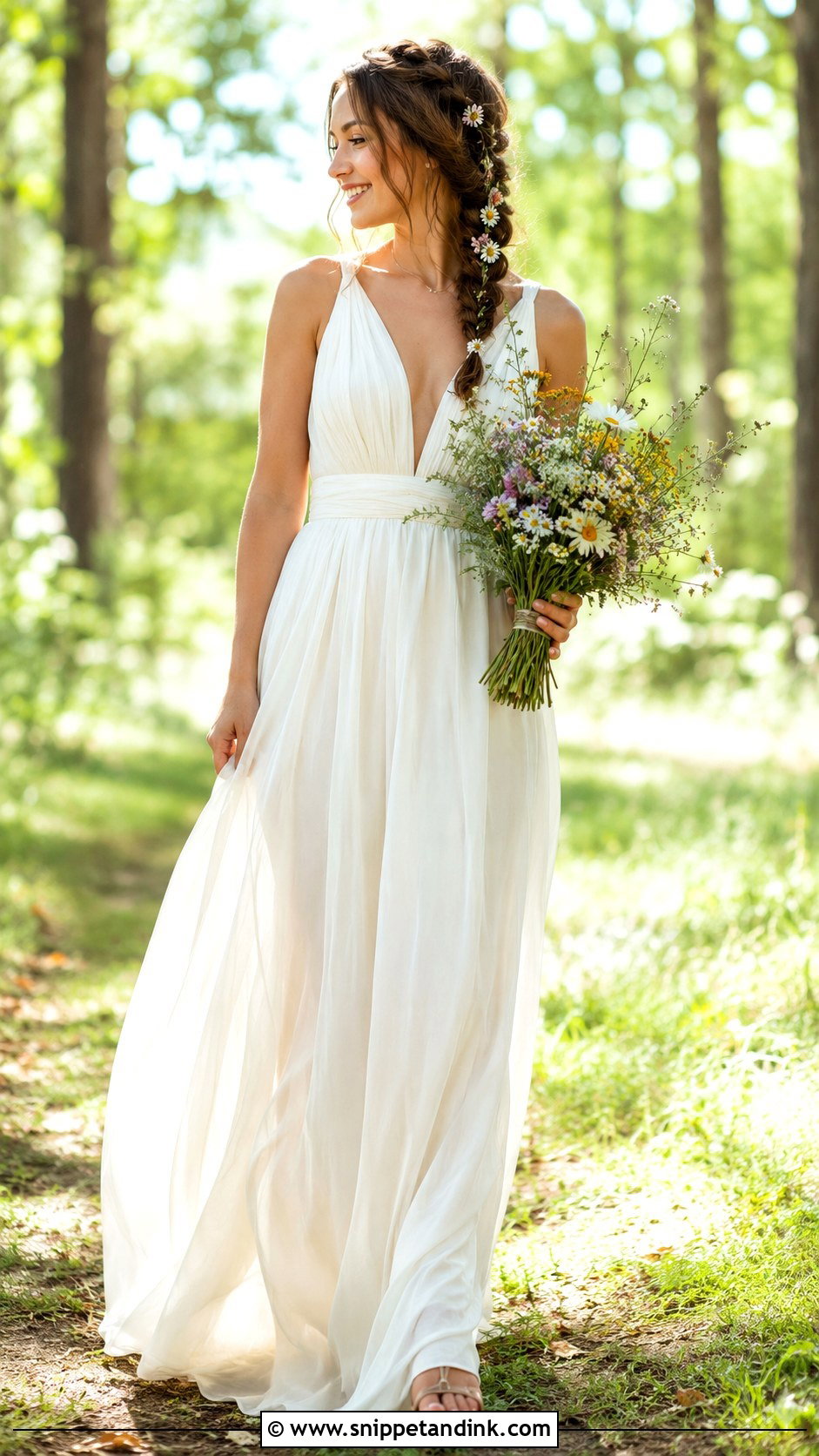 Chiffon Wedding Dress With Braided Hair - Snippet and Ink - 25 Woodsy Wedding Dress Ideas