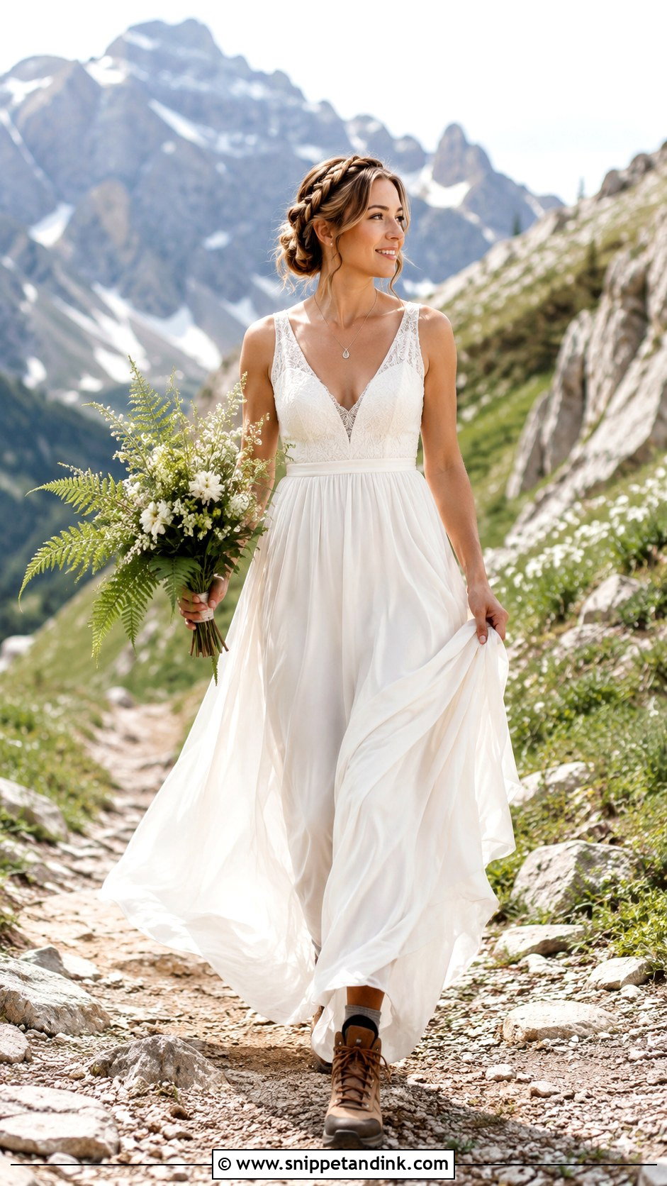 Chiffon Wedding Dress With Brown Hiking Boots - Snippet and Ink - 20 Granola Wedding Dress Ideas