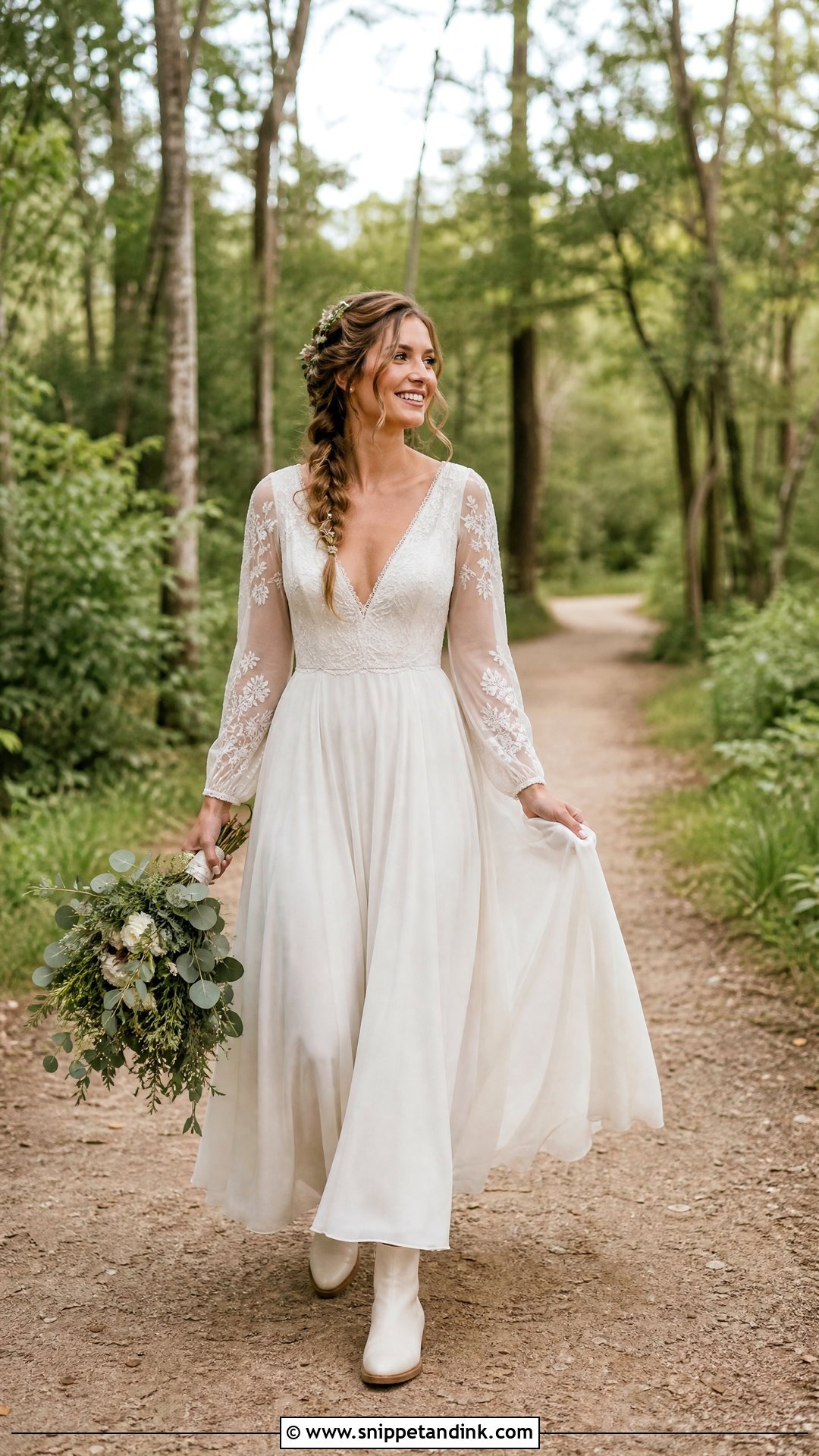 Chiffon Wedding Dress With Flat Leather Boots - Snippet and Ink - 20 Wedding Dress Boots Ideas