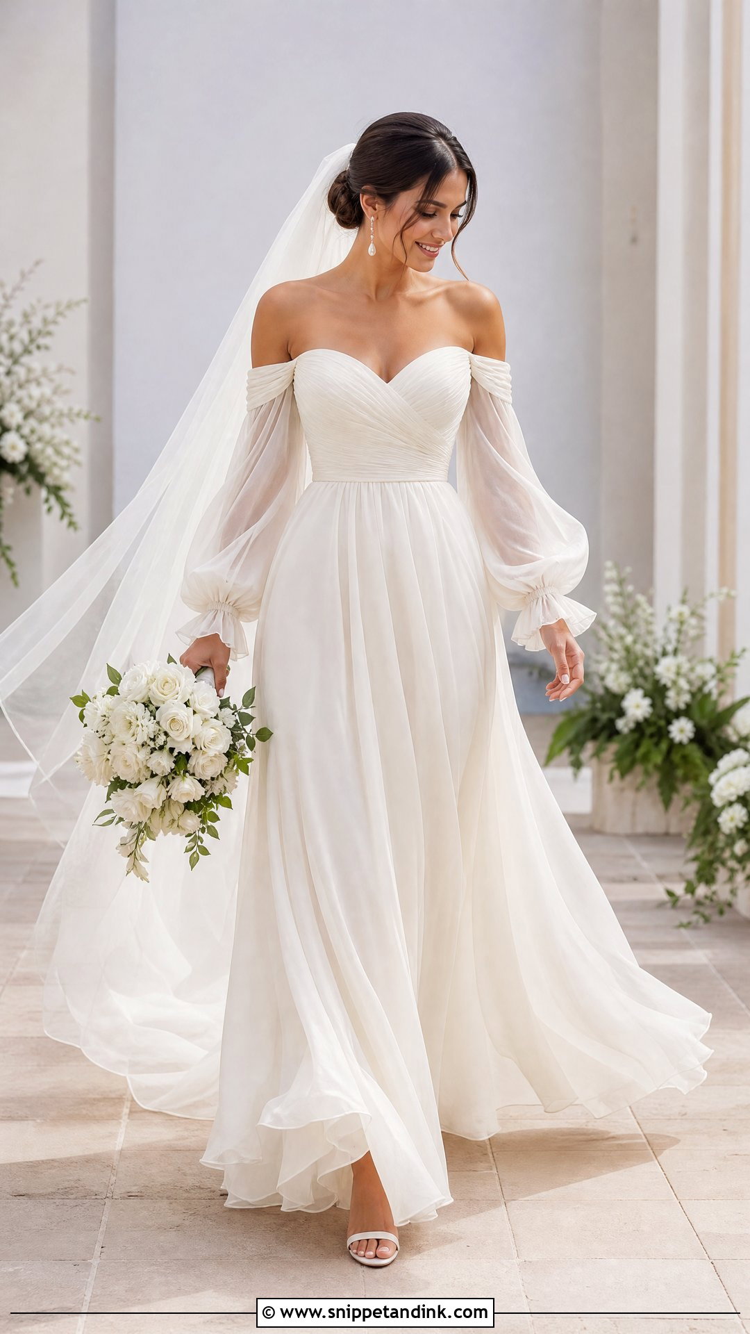 Chiffon Wedding Dress With Off Shoulder Bishop Sleeves - Snippet and Ink - 20 Wedding Dress with Sleeves Off Shoulder