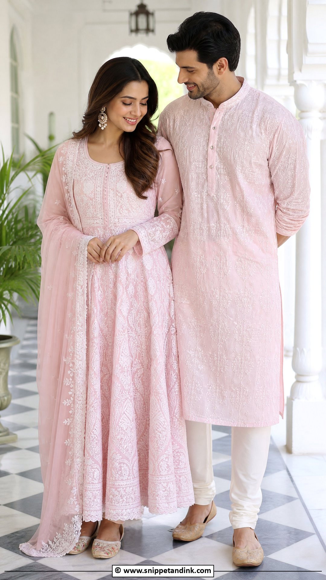 Chikankari Anarkali And Chikankari Kurta - Snippet and Ink - 35 Indian Couple Matching Dress Ideas