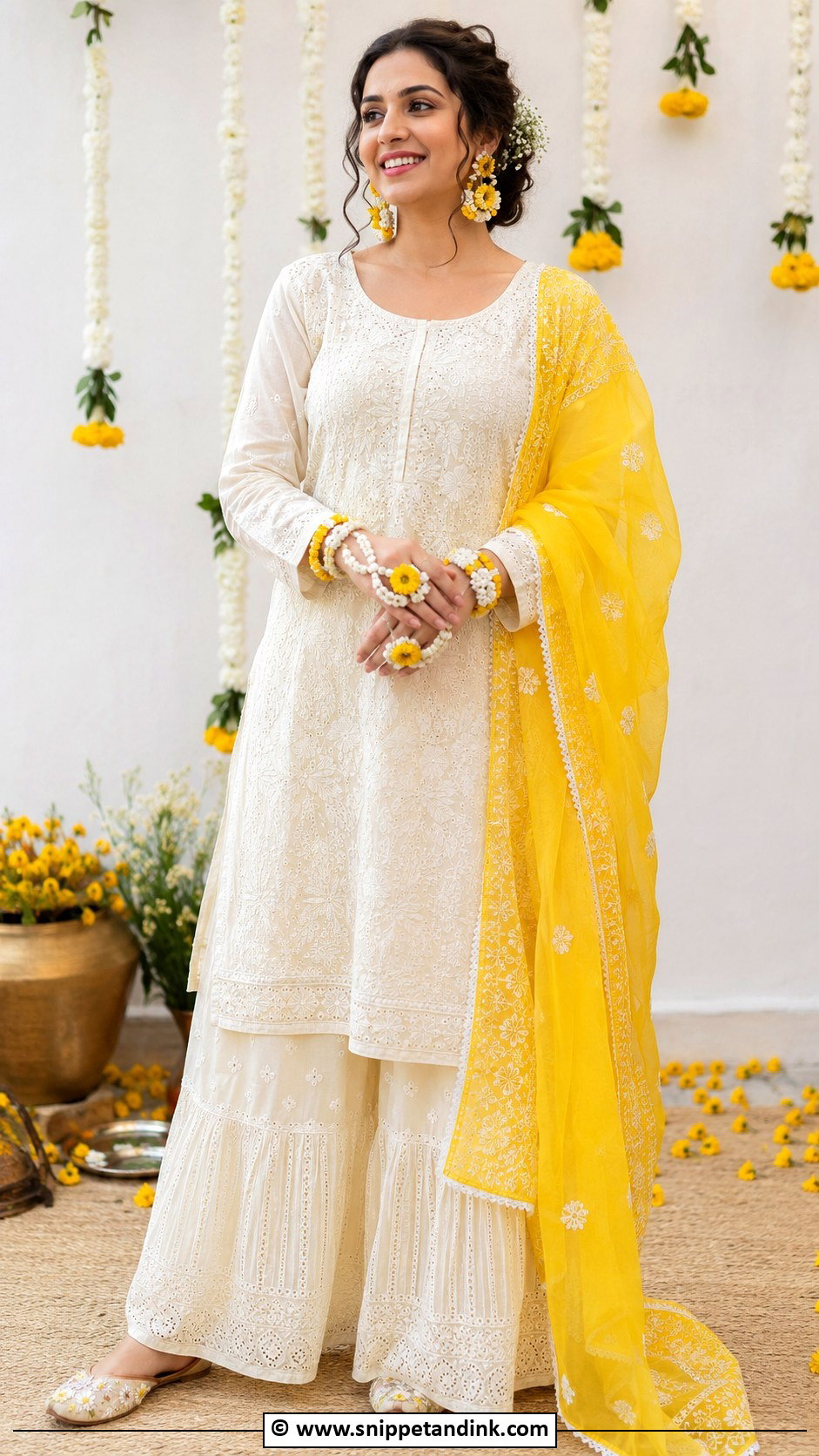Chikankari Haldi Kurta Set For Bride - Snippet and Ink - 30 Haldi Outfit Ideas for Bride