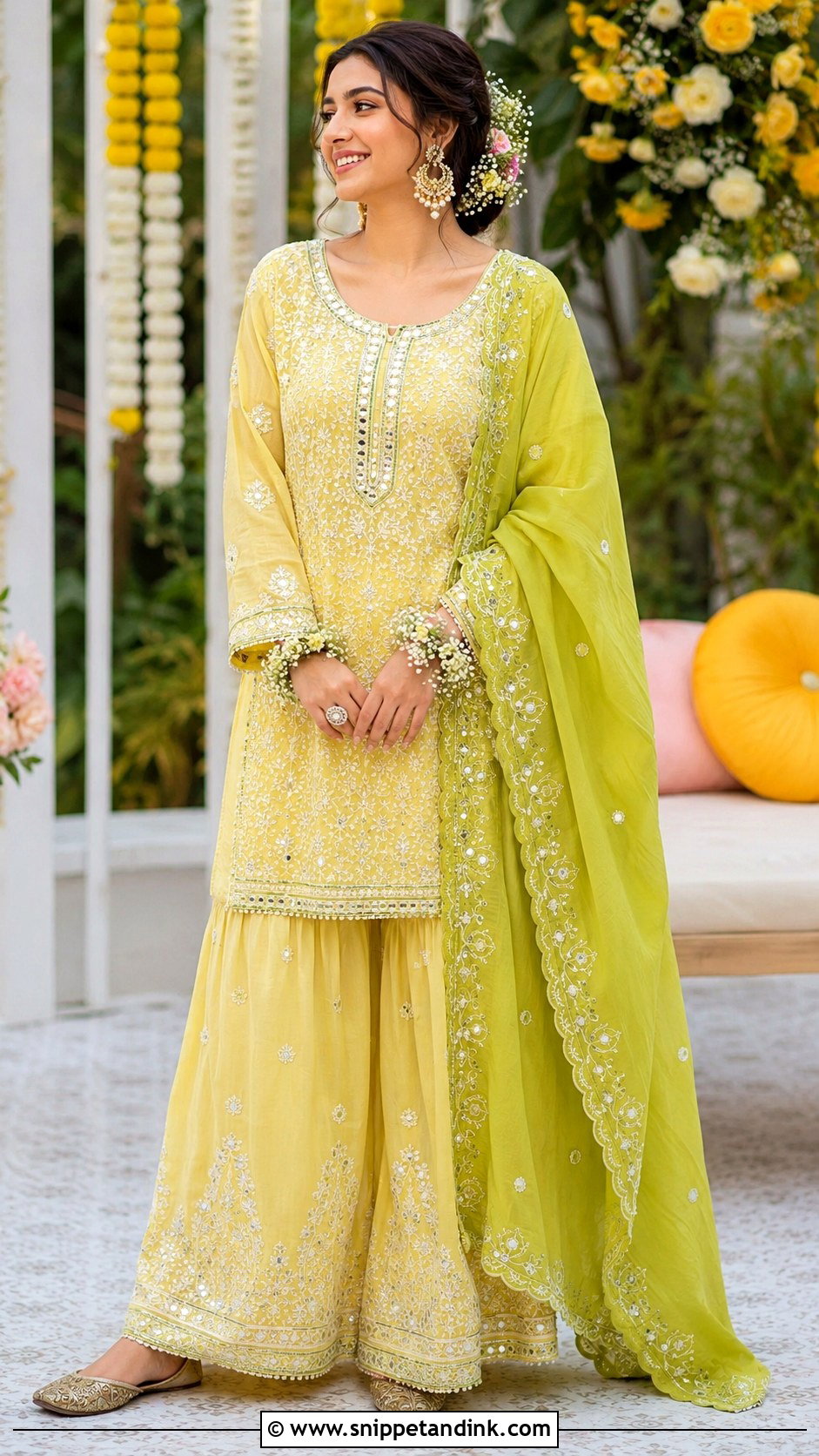 Chikankari Mehendi Sharara - Snippet and Ink - 25 Mehendi Outfit for Bride Ideas