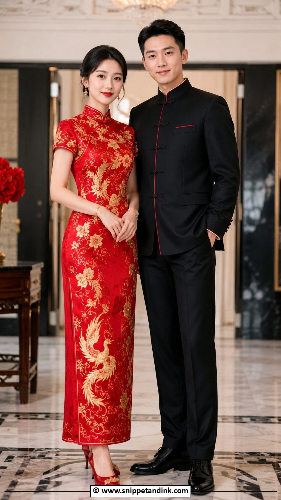 Chinese Qipao And Mandarin Collar Suit - Snippet and Ink - 30 Couple Wedding Dress Ideas