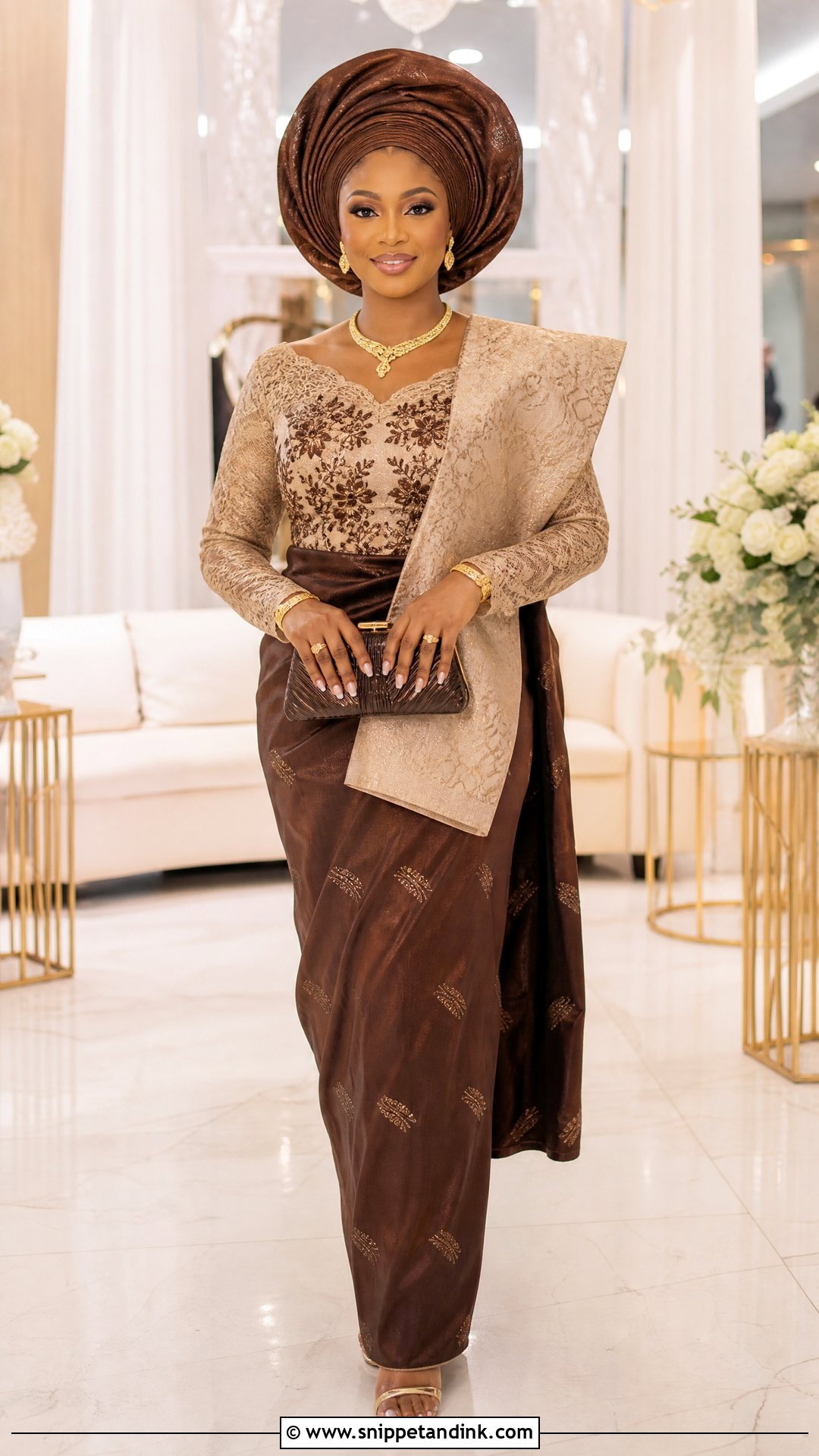 Chocolate Brown And Champagne Lace Outfit - Snippet and Ink - 20 Yoruba Introduction Outfit Ideas