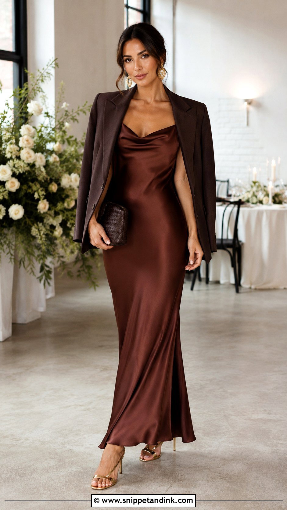 Chocolate Brown Cowl Neck Satin Dress - Snippet and Ink - 20 Fancy Dresses for Weddings