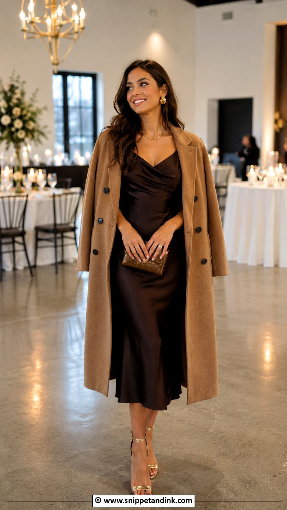 Chocolate Brown Dress With Gold Heels - Snippet and Ink - 35 Winter Wedding Dress Ideas