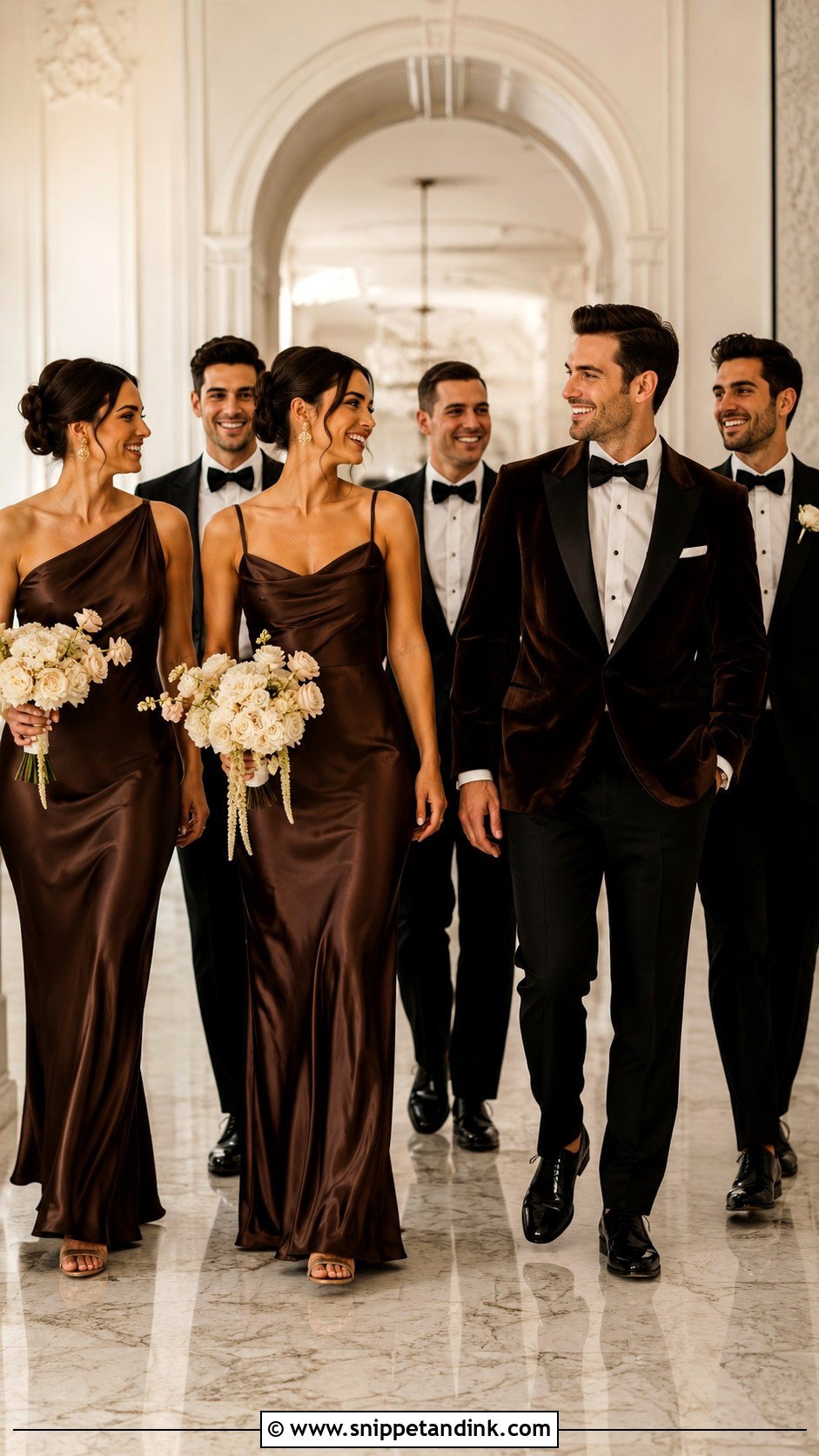 Chocolate Brown Satin Black Tie Bridal Party - Snippet and Ink - 20 Black Tie Bridal Party Ideas