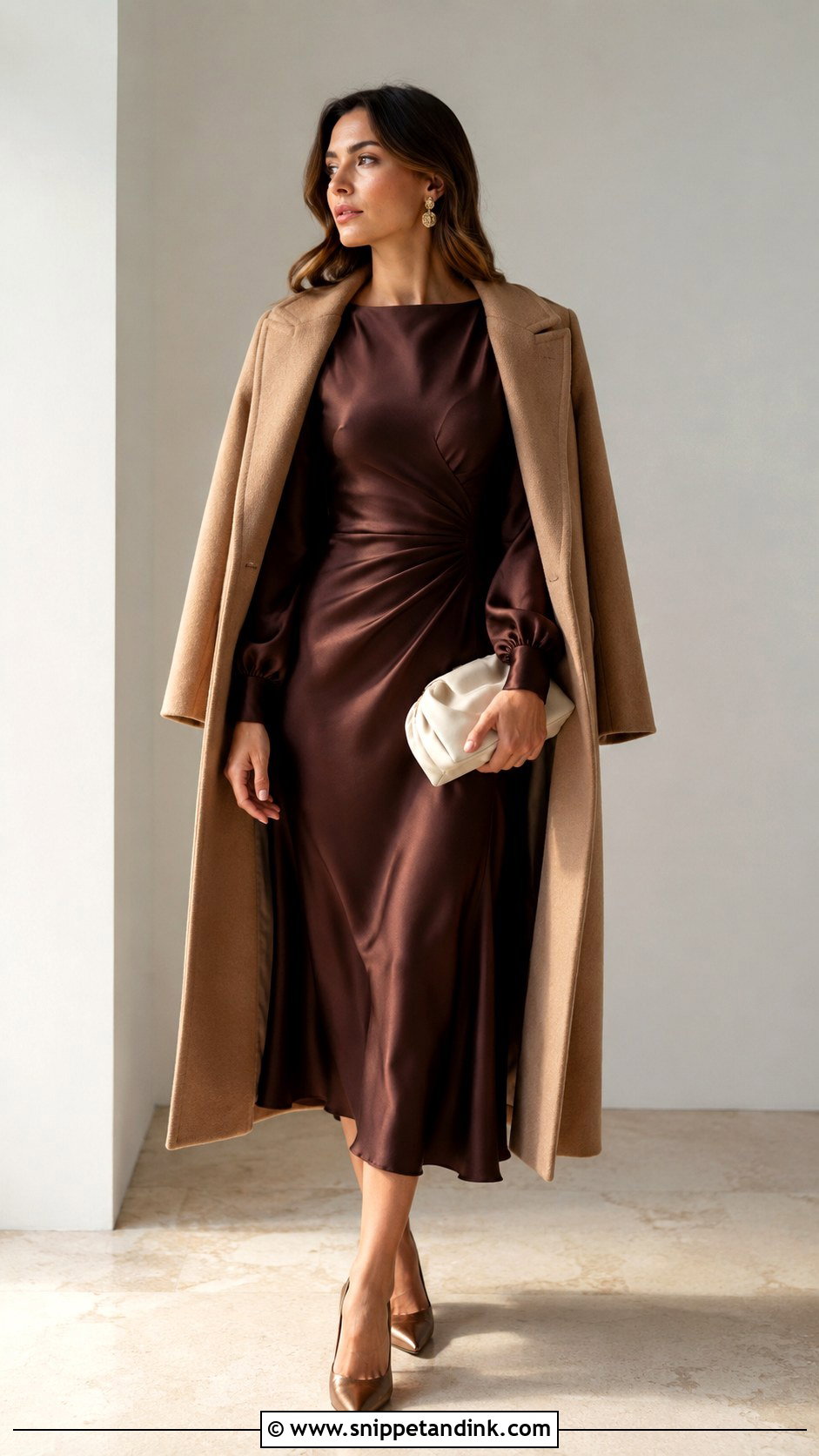 Chocolate Brown Satin Dress Winter Wedding Outfit - Snippet and Ink - 25 Winter Wedding Outfits for Women