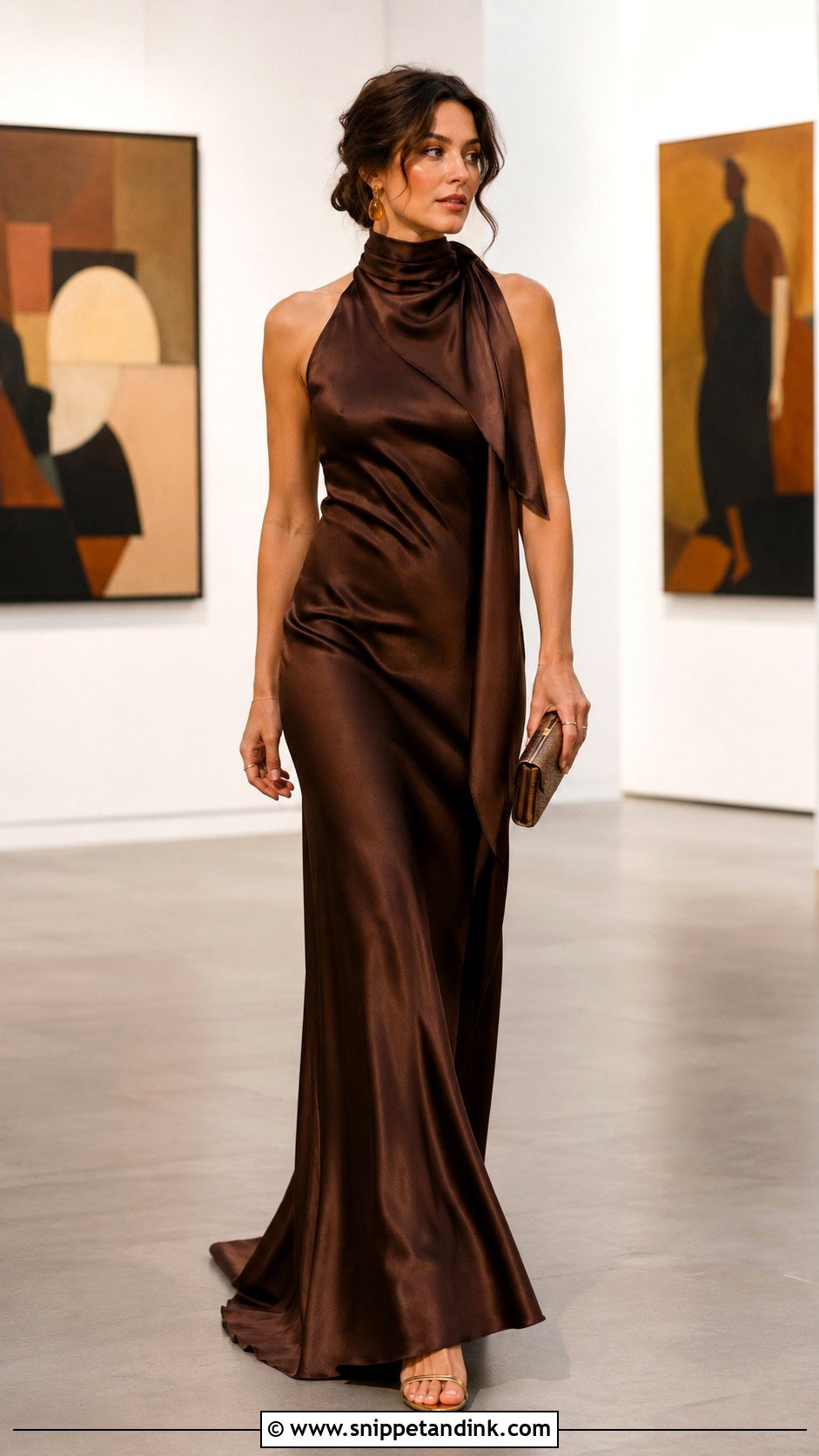 Chocolate Brown Satin Gown With Neck Scarf - Snippet and Ink - 20 Gown with Neck Scarf Ideas