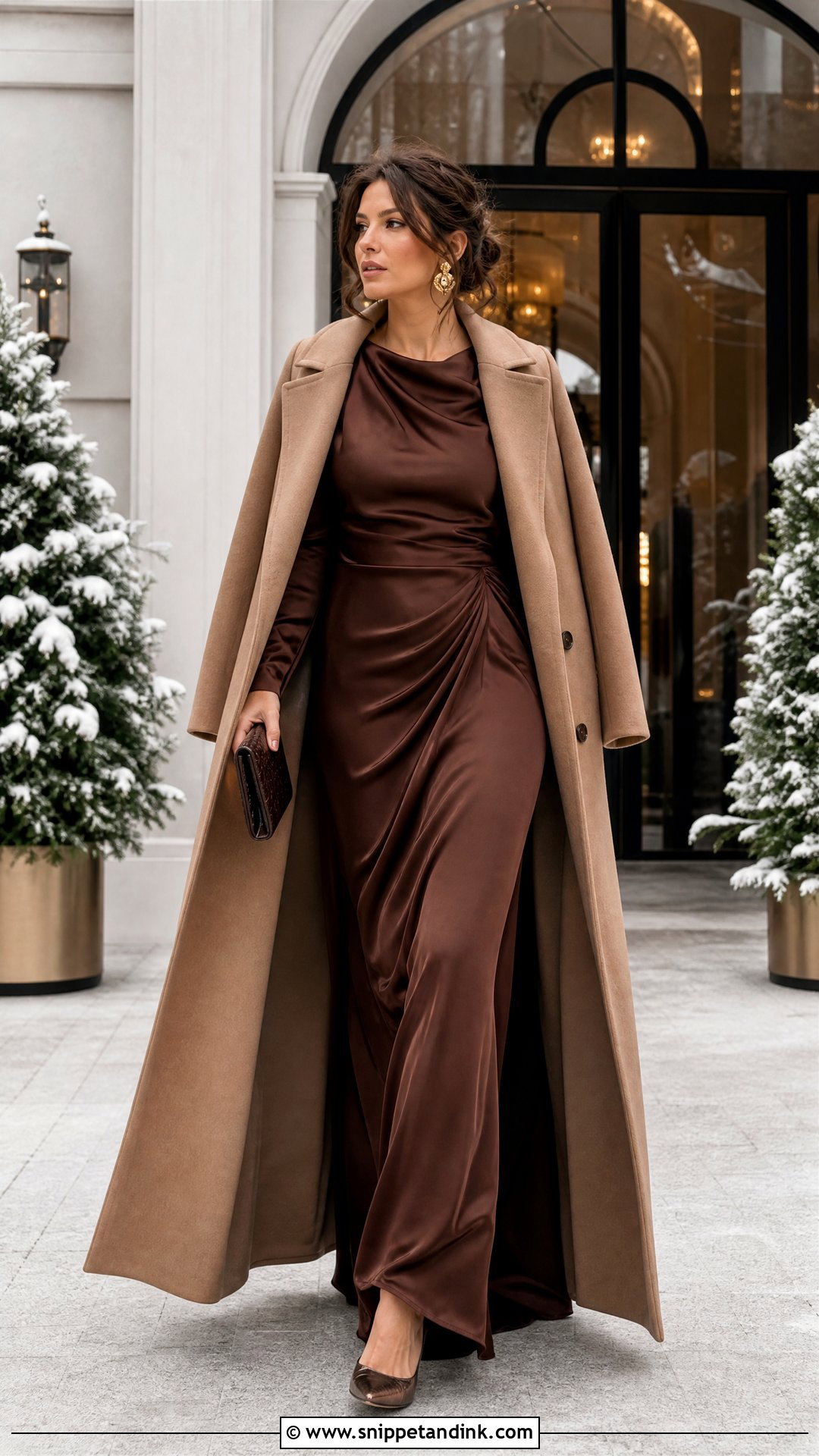 Chocolate Brown Satin Maxi Dress Winter Wedding Outfit - Snippet and Ink - 20 Winter Outfit for Wedding Ideas