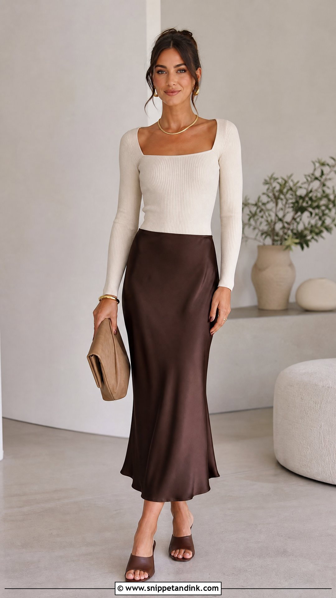 Chocolate Brown Slip Skirt Wedding Outfit - Snippet and Ink - 25 Fall Wedding Outfits