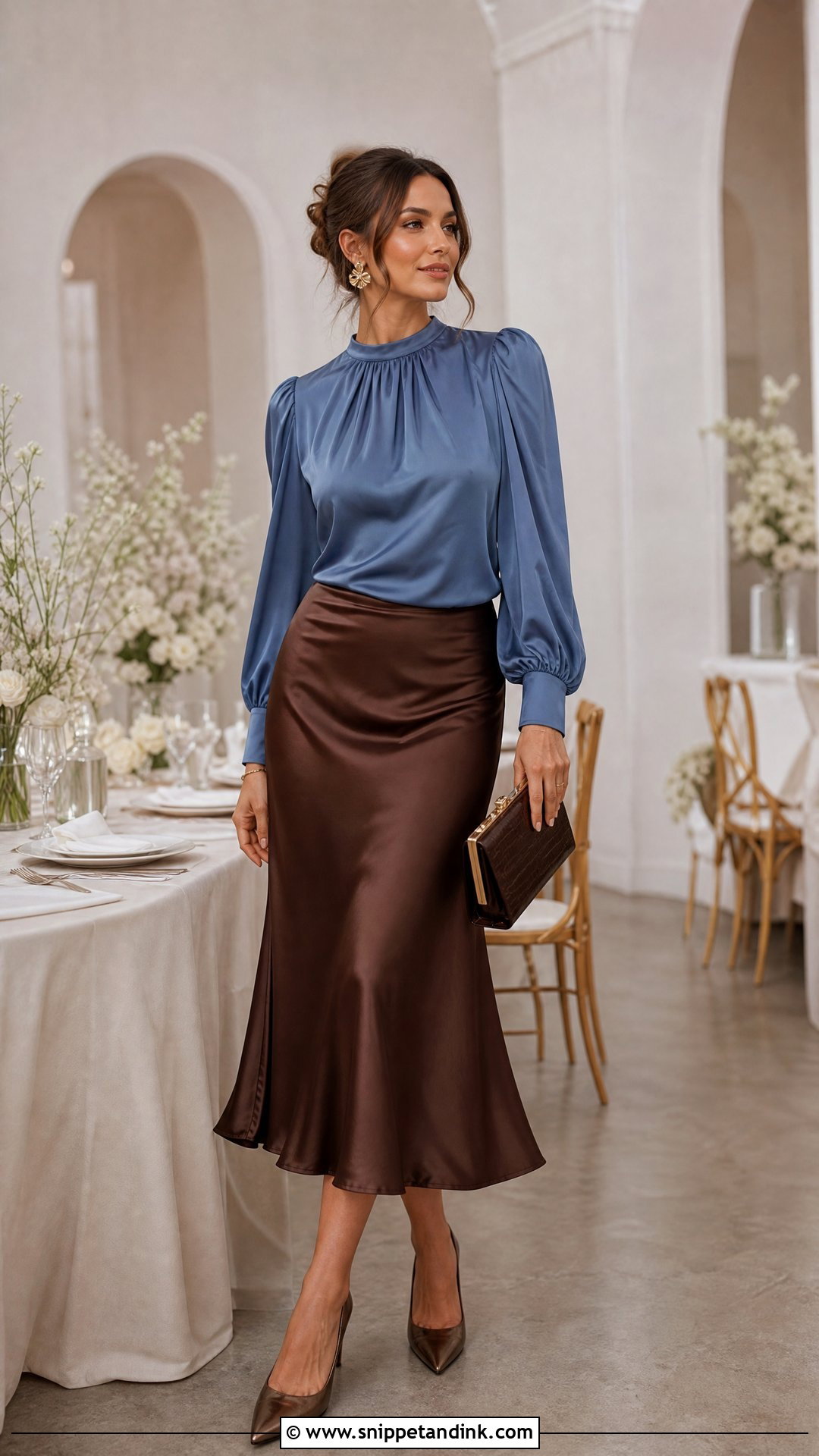 Chocolate Satin Skirt With Dusty Blue Blouse - Snippet and Ink - 20 Satin Skirt Wedding Outfit Ideas