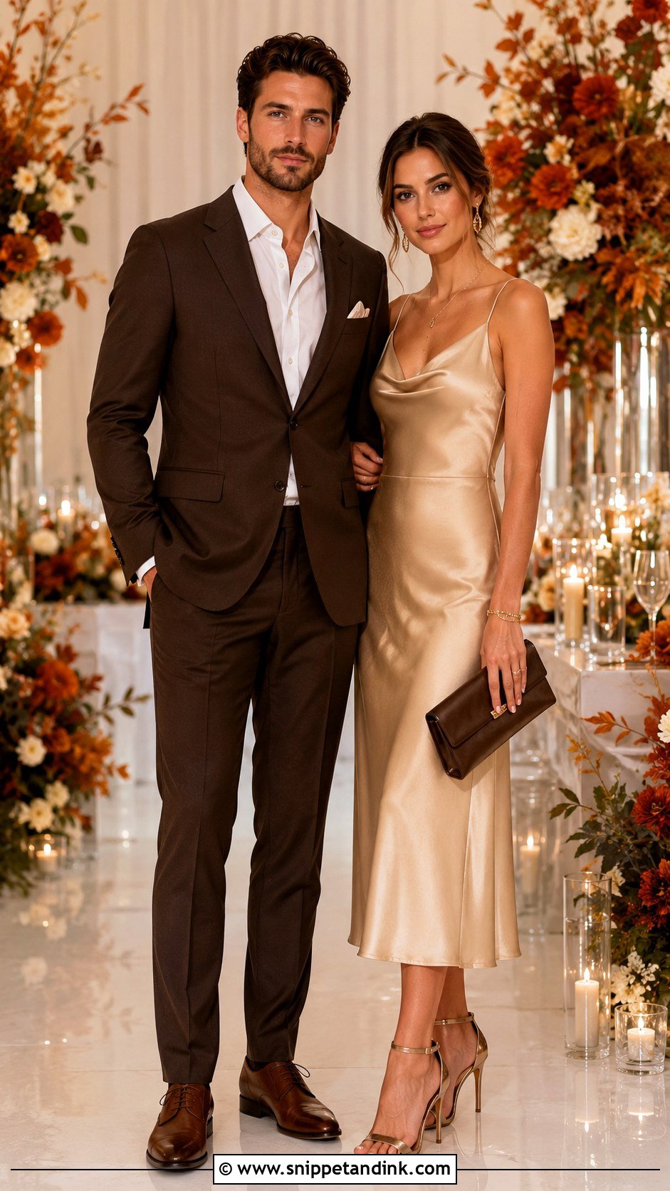 Chocolate Suit And Champagne Dress Couple Wedding Outfit - Snippet and Ink - 20 Couples Wedding Outfits