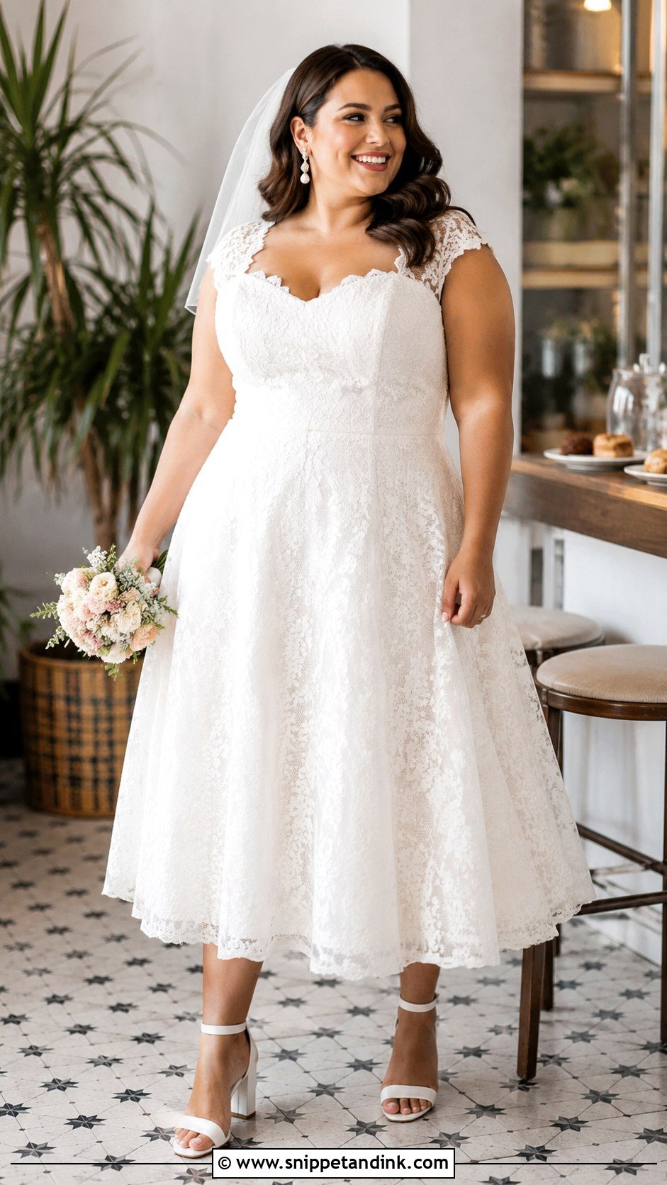 Chubby Tea Length Wedding Dress With Block Heels - Snippet and Ink - 25 Chubby Wedding Dress Ideas