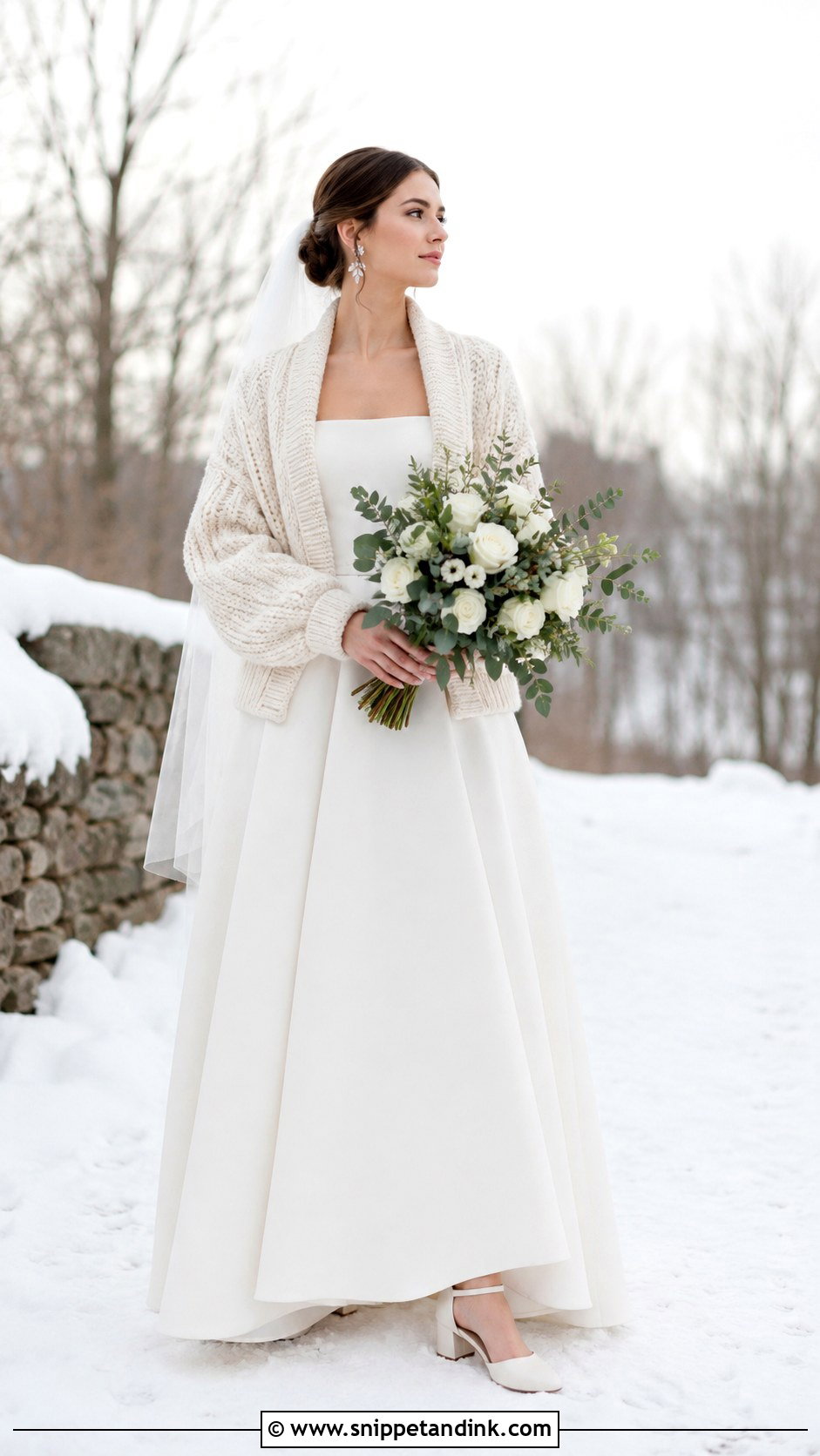 Chunky Knit Bridal Cardigan With A Line Wedding Dress - Snippet and Ink - 20 Bridal Cardigan Ideas
