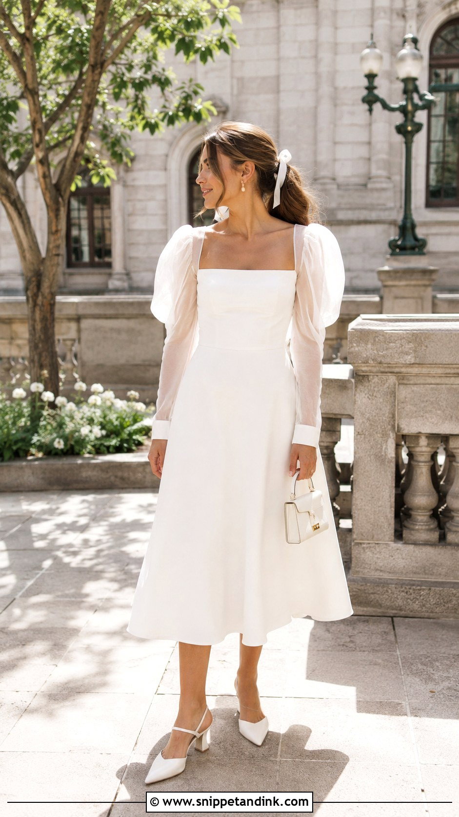 Civil Ceremony Puff Sleeve Midi Dress - Snippet and Ink - 20 Civil Ceremony Wedding Dresses