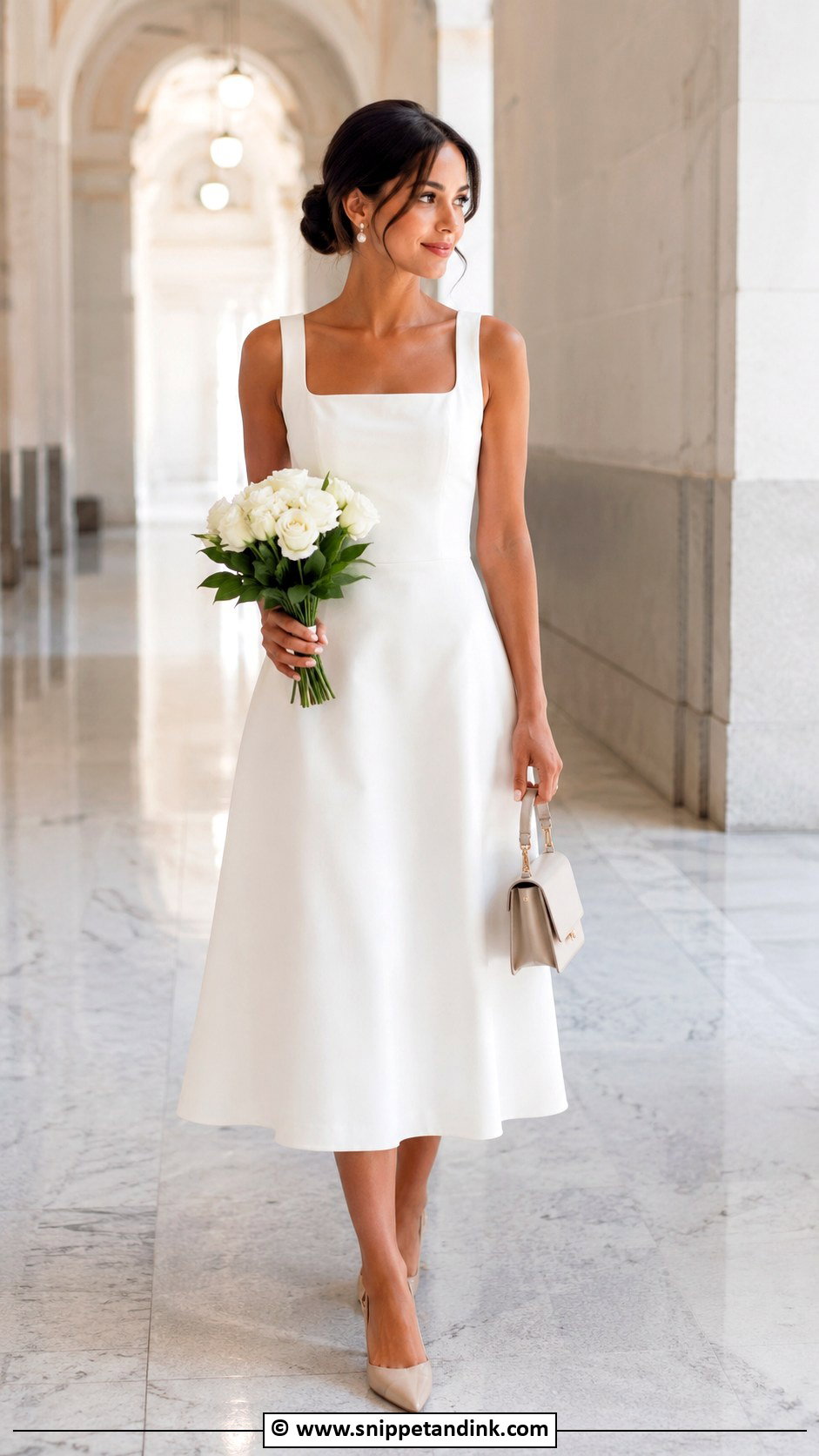 Civil Ceremony White Midi Dress Outfit - Snippet and Ink - 30 Civil Ceremony Outfit Ideas
