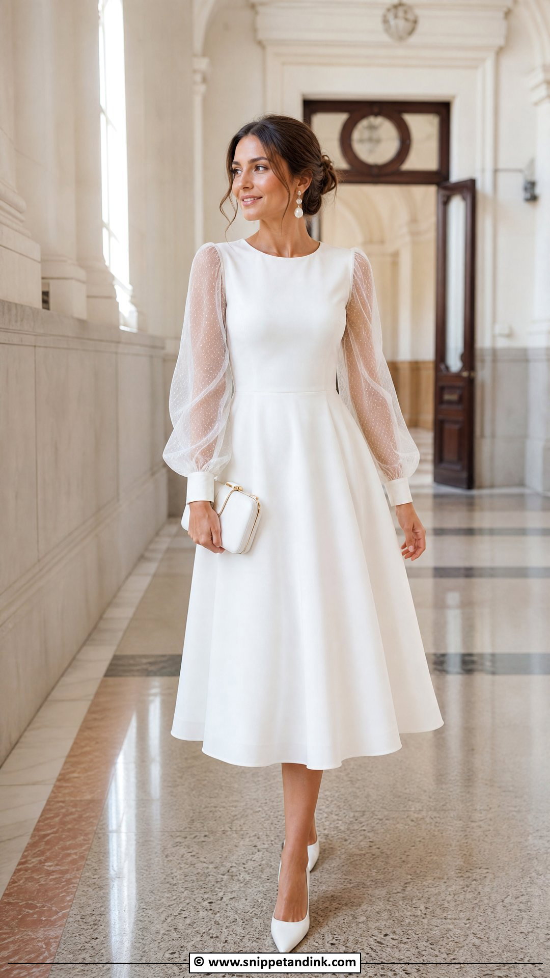 Civil Wedding Dress With Sheer Sleeves And Pearl Earrings - Snippet and Ink - 35 Civil Wedding Dress Ideas