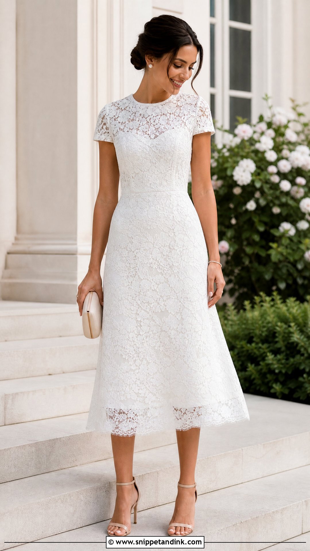 Civil Wedding Lace Midi Dress With Nude Sandals - Snippet and Ink - 25 Classy Simple Civil Wedding Dress Ideas