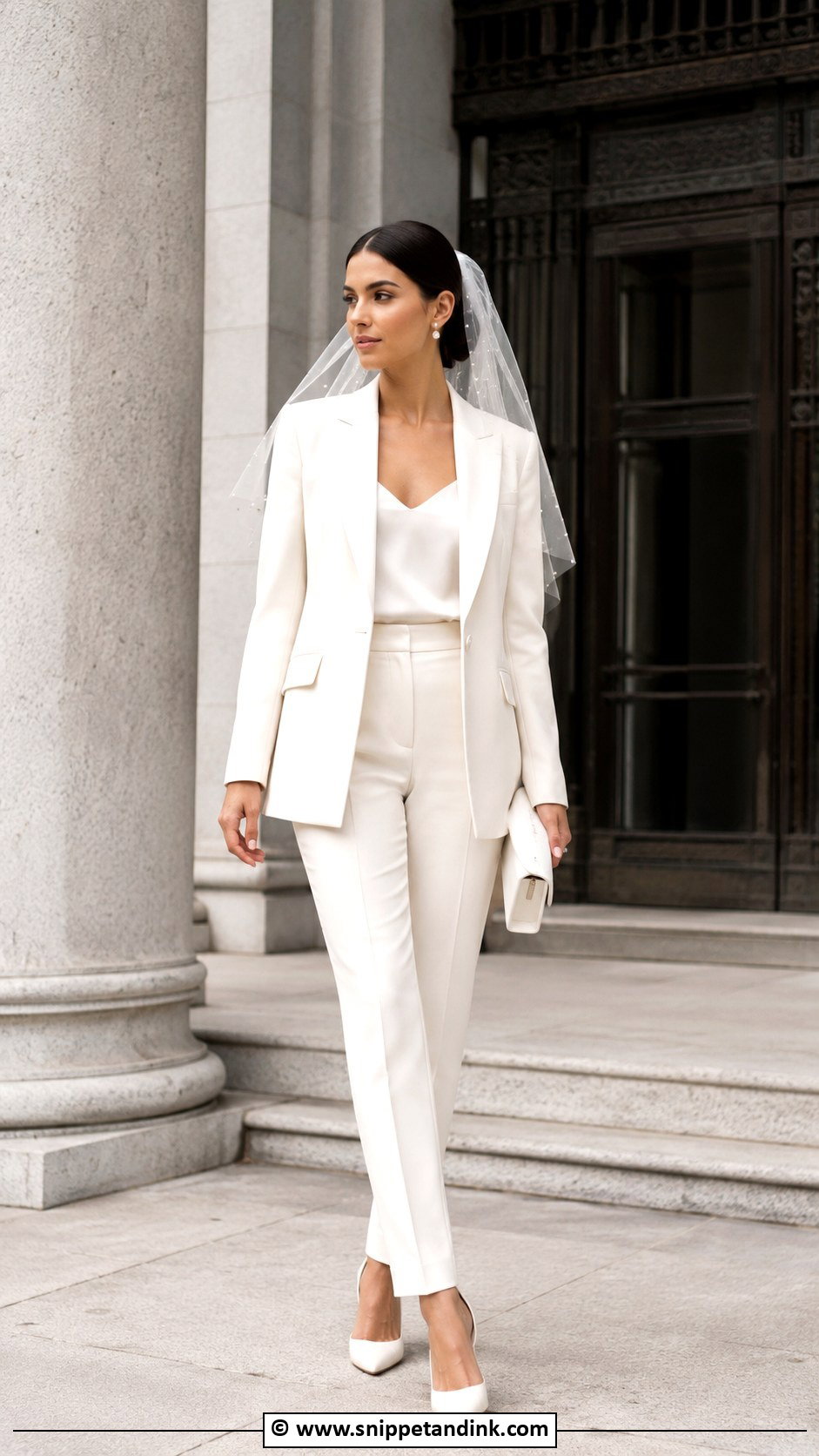 Civil Wedding Pantsuit With Veil Outfit - Snippet and Ink - 30 Civil Marriage Dress Ideas