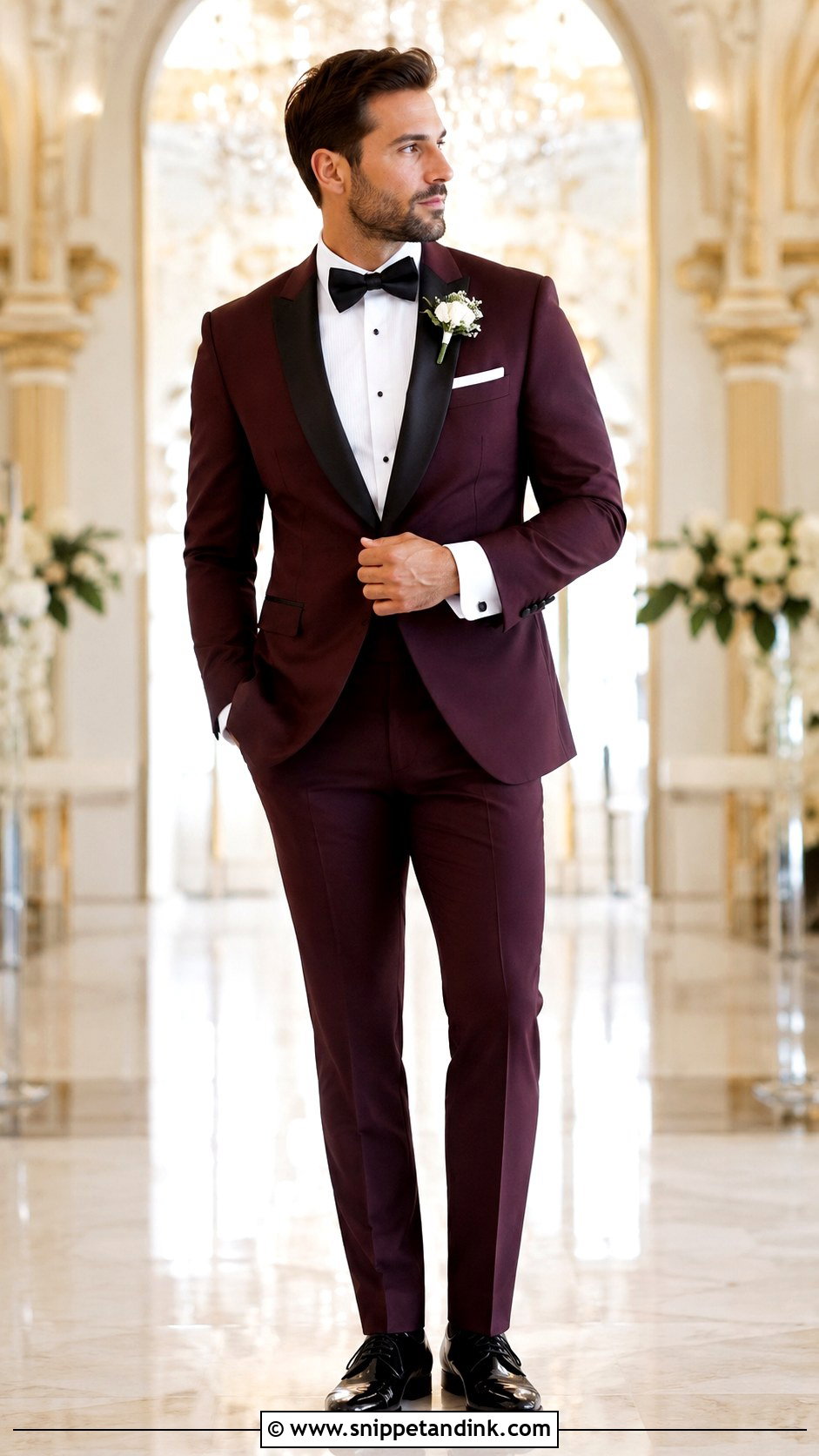 Classic Burgundy Tuxedo With Black Bow Tie - Snippet and Ink - 20 Burgundy Tuxedo Wedding Ideas