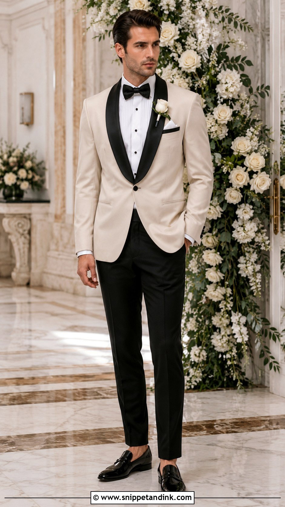 Classic Champagne Tuxedo With Black Bow Tie - Snippet and Ink - 20 Champagne Tuxedo Wedding Ideas