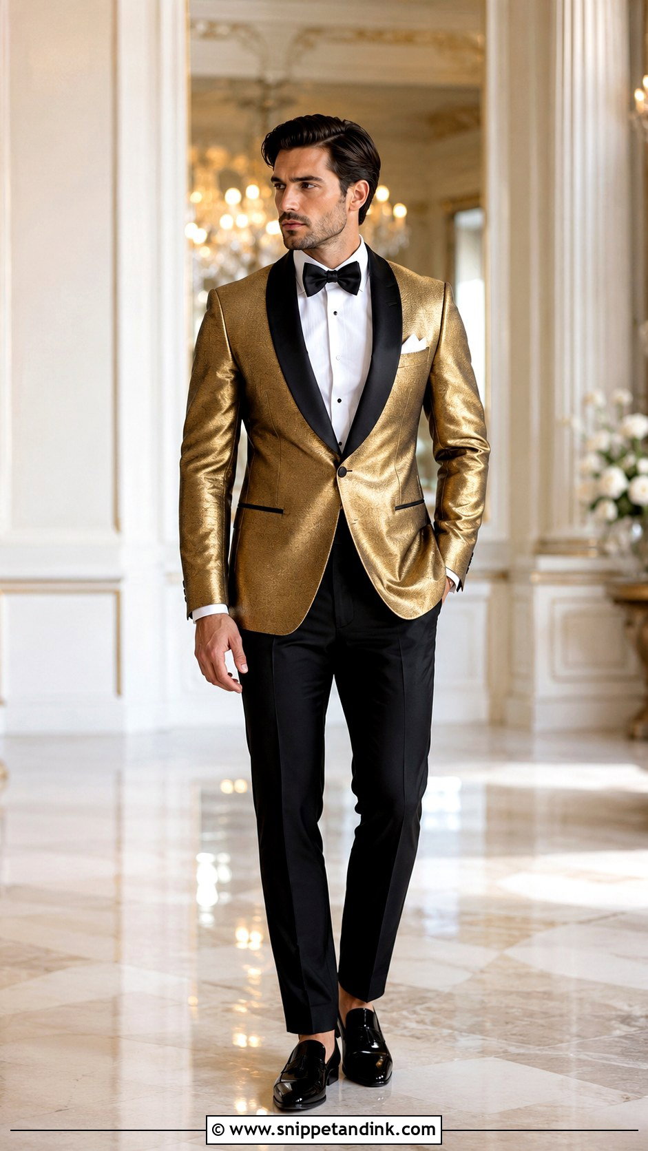 Classic Gold Tuxedo With Black Pants - Snippet and Ink - 20 Gold Tuxedo Wedding Ideas