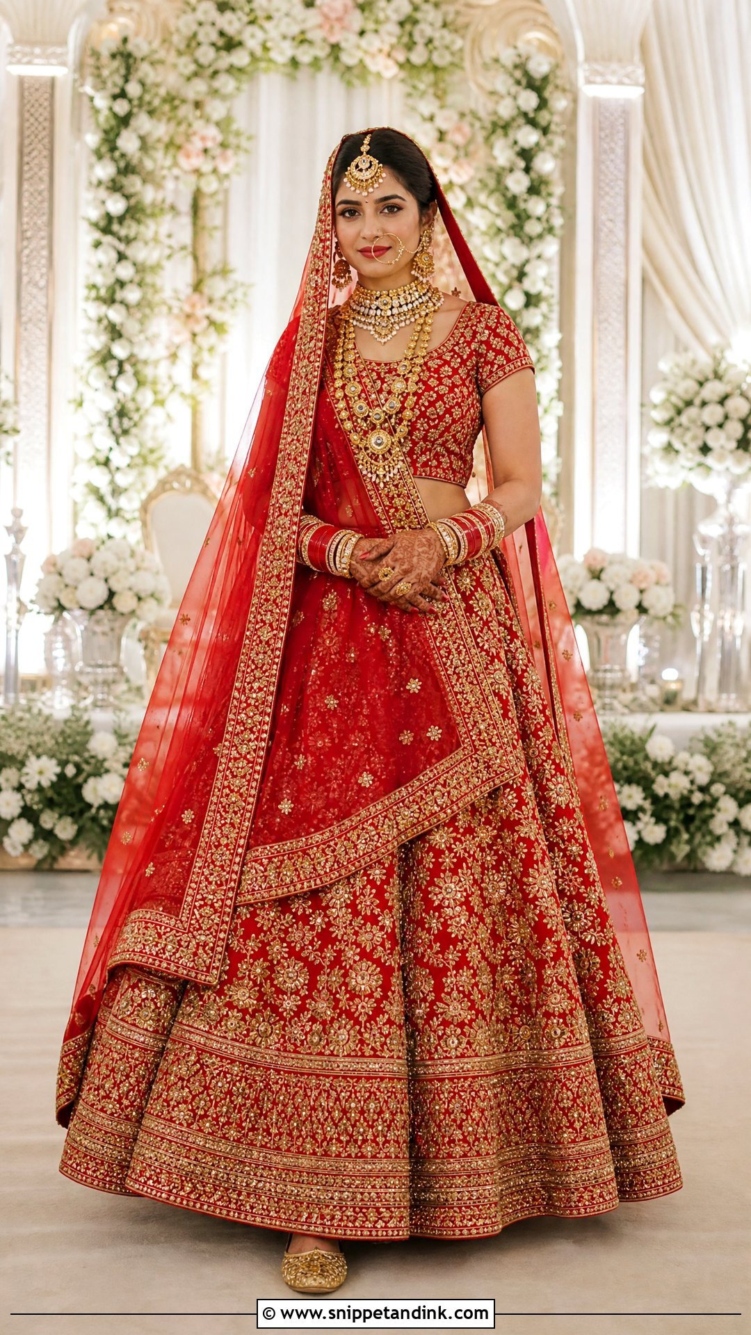 Classic Red Bridal Lehenga With Gold Jewelry - Snippet and Ink - 20 Red Bridal Outfit Ideas