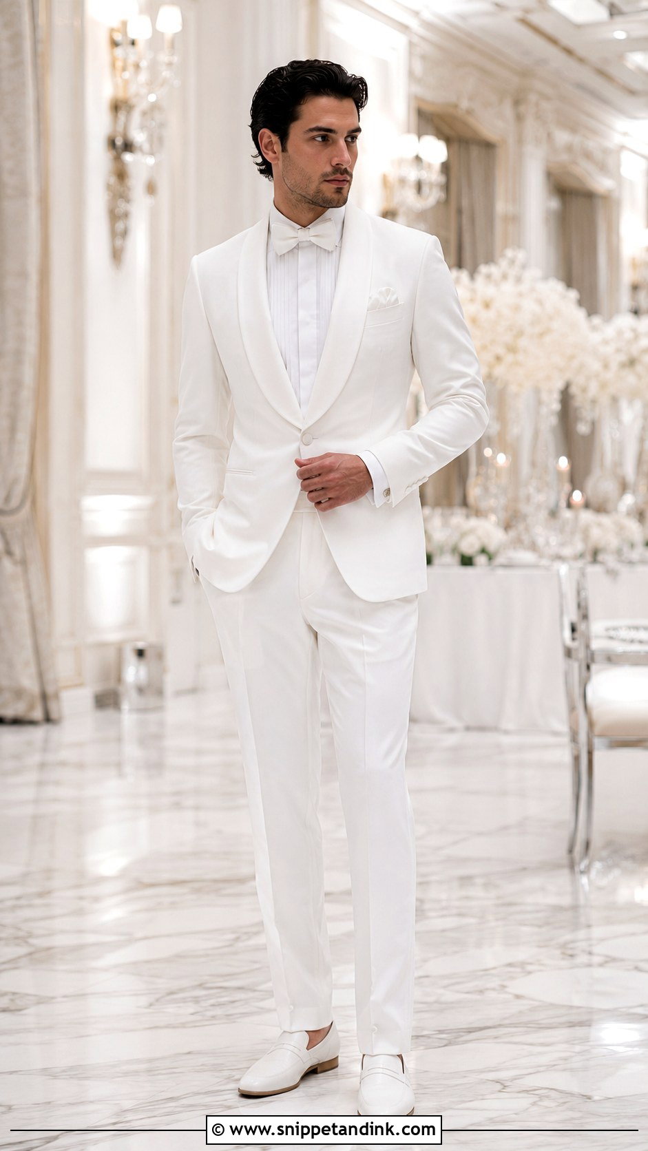 Classic White Shawl Collar Tuxedo - Snippet and Ink - 20 All White Tuxedo Wedding Ideas