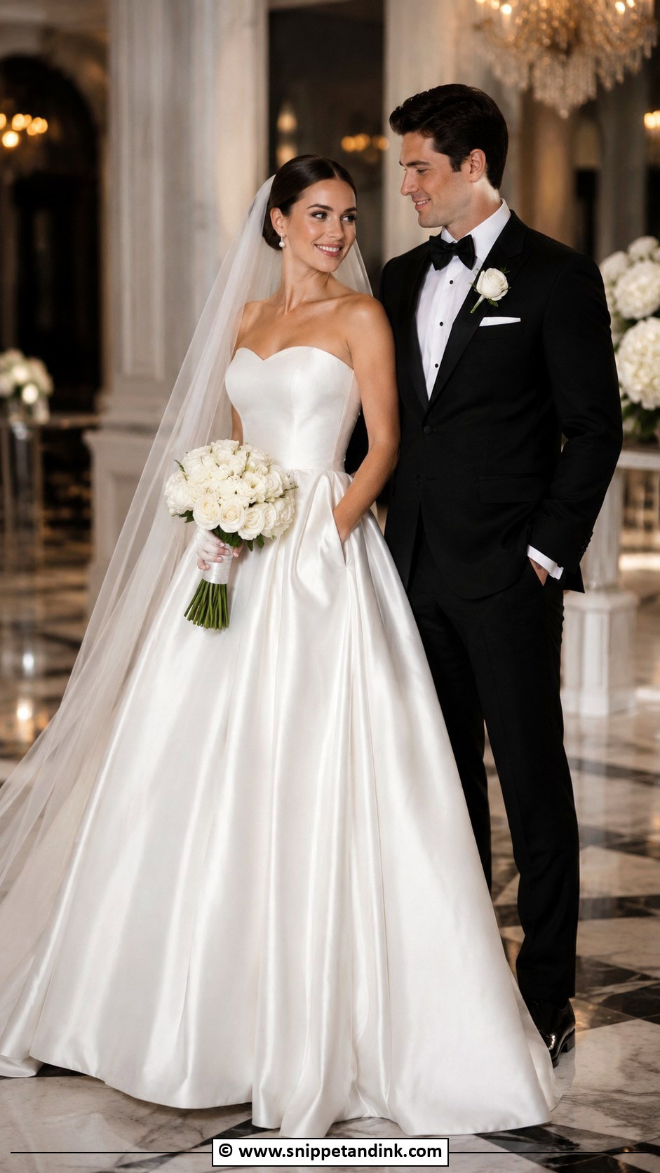 Classic White Wedding Dress And Black Tuxedo - Snippet and Ink - 30 Couple Wedding Dress Ideas