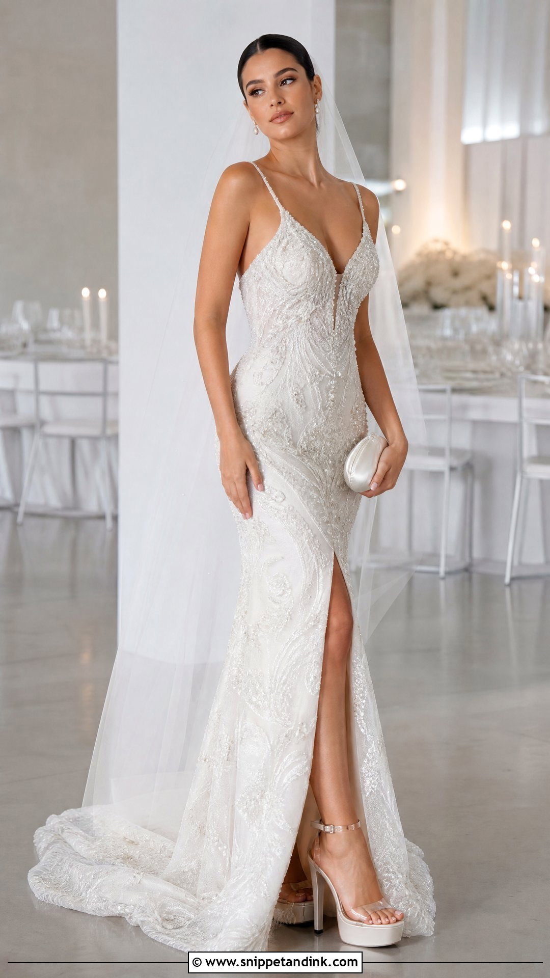 Clear Platform Wedding Heels With Embellished Gown - Snippet and Ink - 20 Platform Wedding Heels Ideas