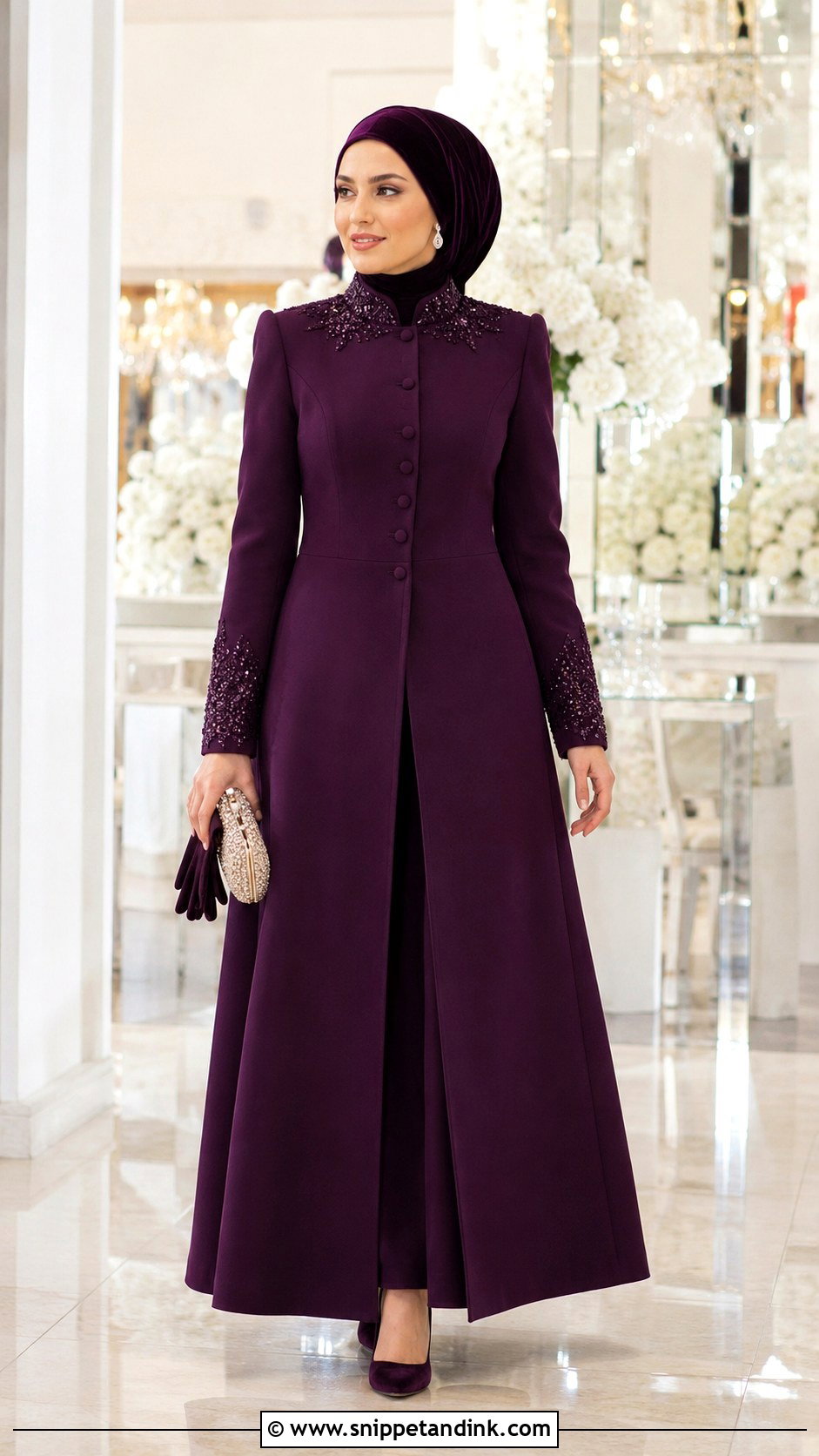 Coat Dress And Velvet Hijab Winter Wedding Outfit - Snippet and Ink - 20 Hijab Outfit Wedding Ideas