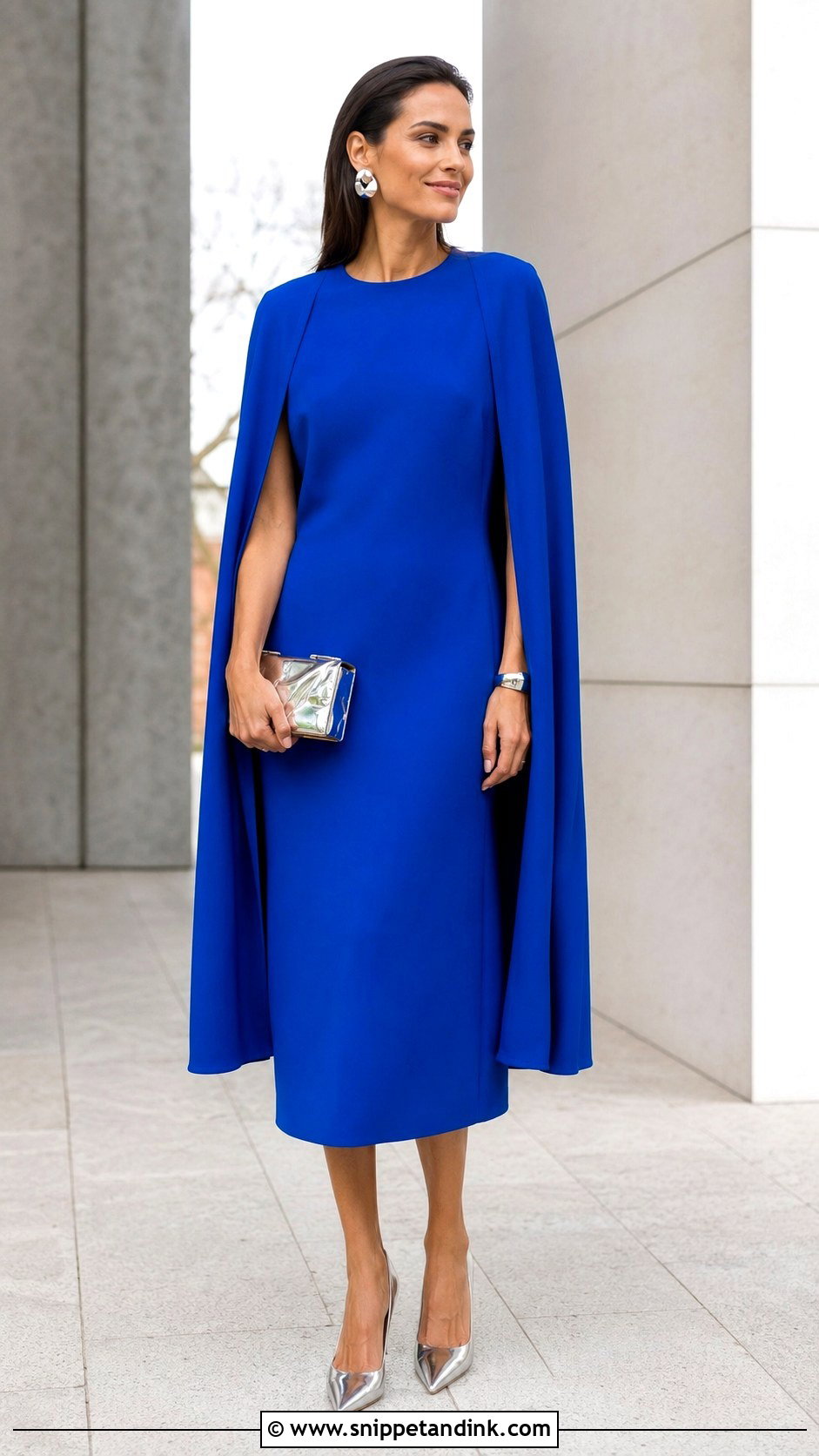 Cobalt Blue Cape Dress Wedding Guest Outfit - Snippet and Ink - 20 Elegant Wedding Outfit Ideas