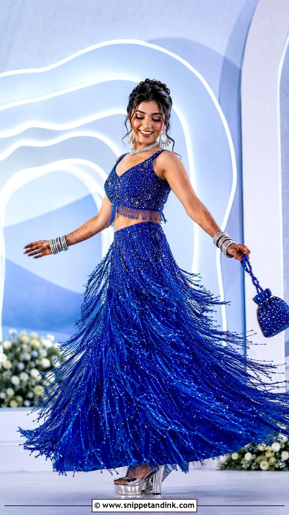 Cobalt Blue Fringe Bride Sangeet Lehenga - Snippet and Ink - 20 Bride Sangeet Look Ideas