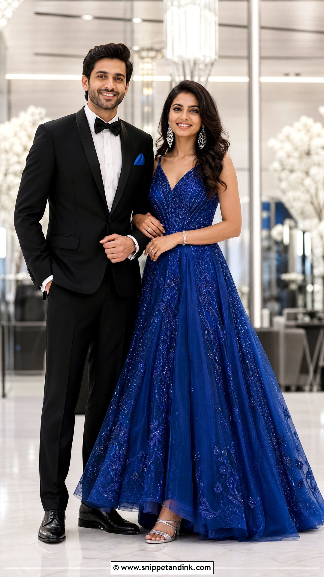 Cobalt Blue Gown And Black Tuxedo Sangeet Couple Outfit - Snippet and Ink - 25 Sangeet Couple Outfits