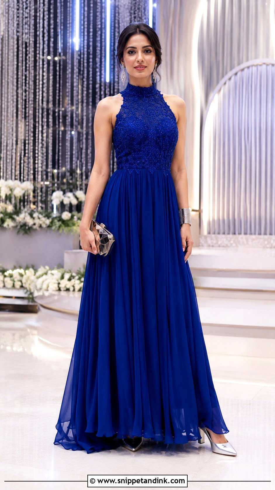 Cobalt Blue High Neck Cocktail Gown With Silver Clutch - Snippet and Ink - 20 Cocktail Gowns Indian Weddings
