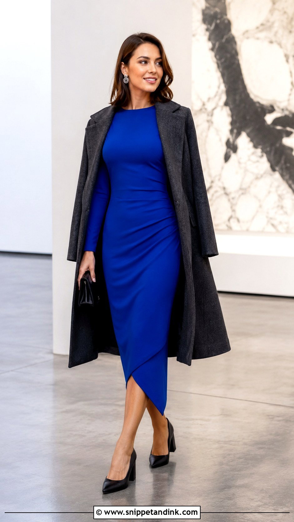 Cobalt Blue Midi Dress With Black Accessories - Snippet and Ink - 20 Casual Winter Wedding Dress Ideas