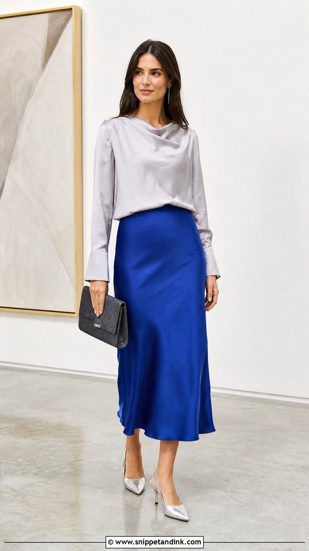 Cobalt Satin Skirt With Silver Draped Blouse - Snippet and Ink - 20 Satin Skirt Wedding Outfit Ideas