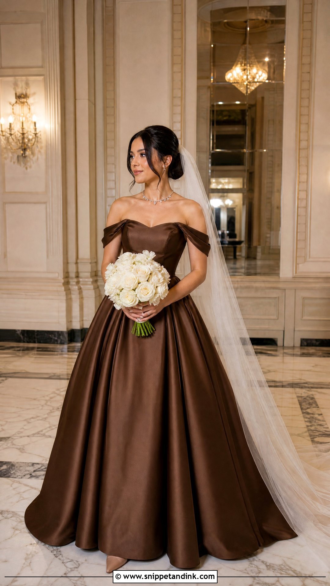 Coffee Brown Off Shoulder Wedding Dress - Snippet and Ink - 20 Brown Wedding Dresses
